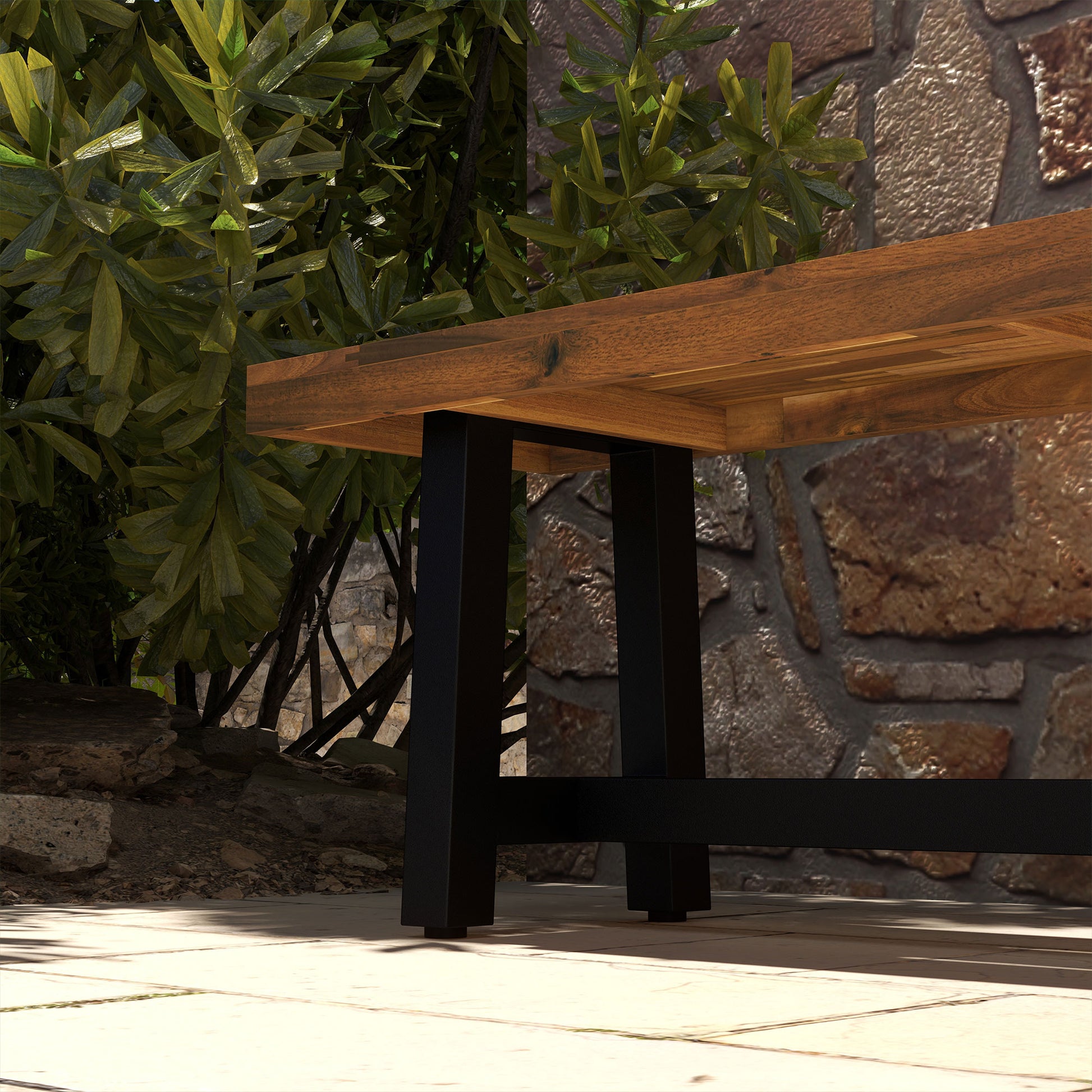 Outsunny Wooden Outdoor Garden Bench, Park Bench With Acacia Wood Seat, Front Porch Bench With Metal Frame For Conservatory, Poolside, Deck, 63" X 14.25" X 18", Natural Natural Steel