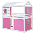 Twin Size Bunk Wood House Bed With Tent, Pink White Twin Pink White Solid Wood Mdf