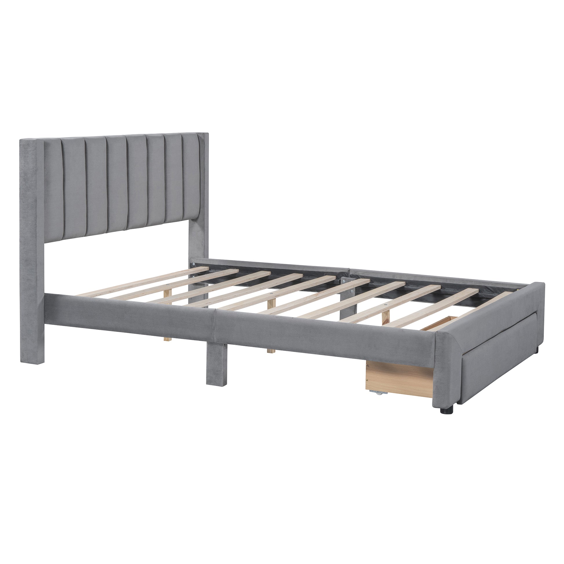 Full Size Storage Bed Velvet Upholstered Platform Bed With A Big Drawer Gray Old Sku:Wf296850Aae Full Gray Velvet
