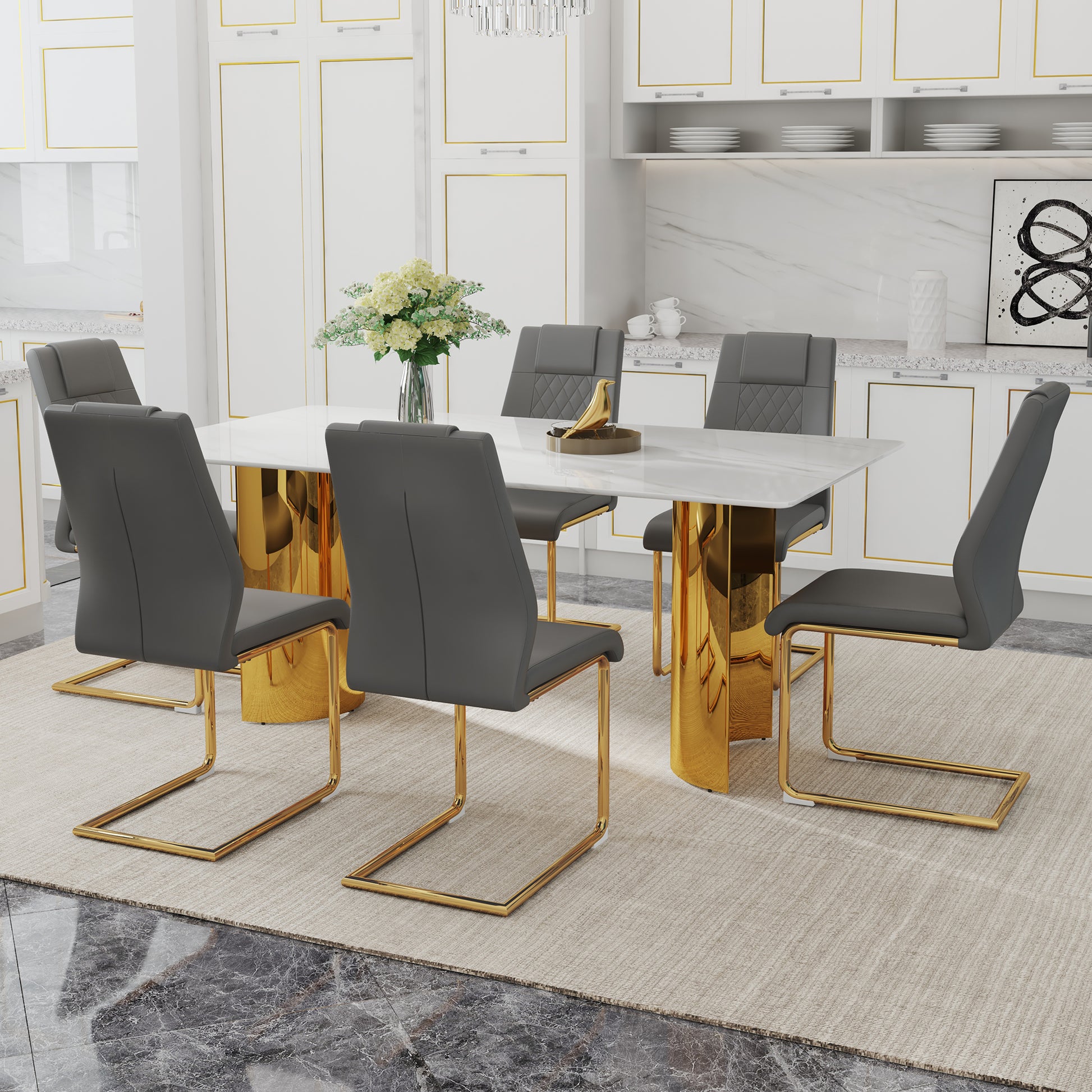Table And Chair Set.The Table Has A Glass Tabletop With Imitation Marble Pattern Stickers And Stainless Steel Golden Table Legs. Paried With Comfortable Chairs With Pu Seats And Metal Legs. White Gold Seats 6 Glass Metal