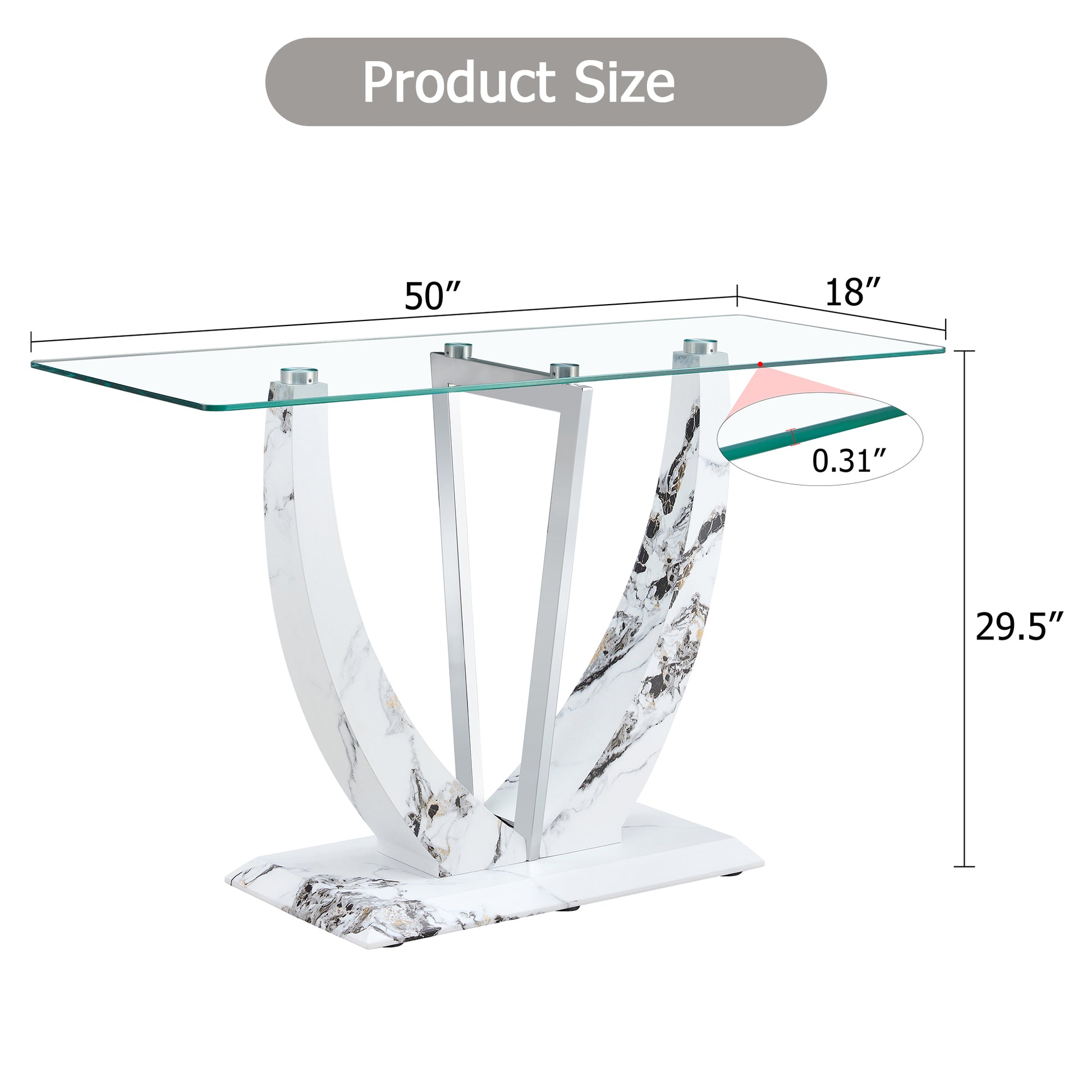 Modern Minimalist Rectangular Glass Table With 0.39 "Tempered Glass Top And Mdf White Patterned Sticker Legs For Entrance And Living Room. Transparent Glass