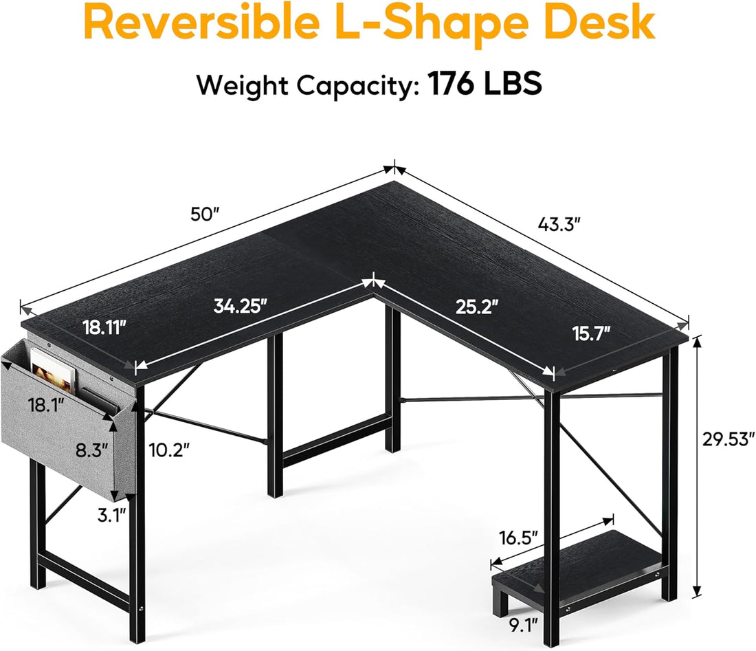 L Shaped Desk Gaming Computer 50 Inch Reversible Corner Table Pc For Writing Study Student With Wood Tabletop Metal Frame Cpu Stand Side Bag For Home Office Small Place, Black Black Wood