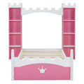 Castle Shaped Wooden Bed With Storage Shelf, Dreamy Twin Size Platform Bed For Kids Bedroom, Pink White Expected Arrival Time:8.14 Twin Pink White Wood