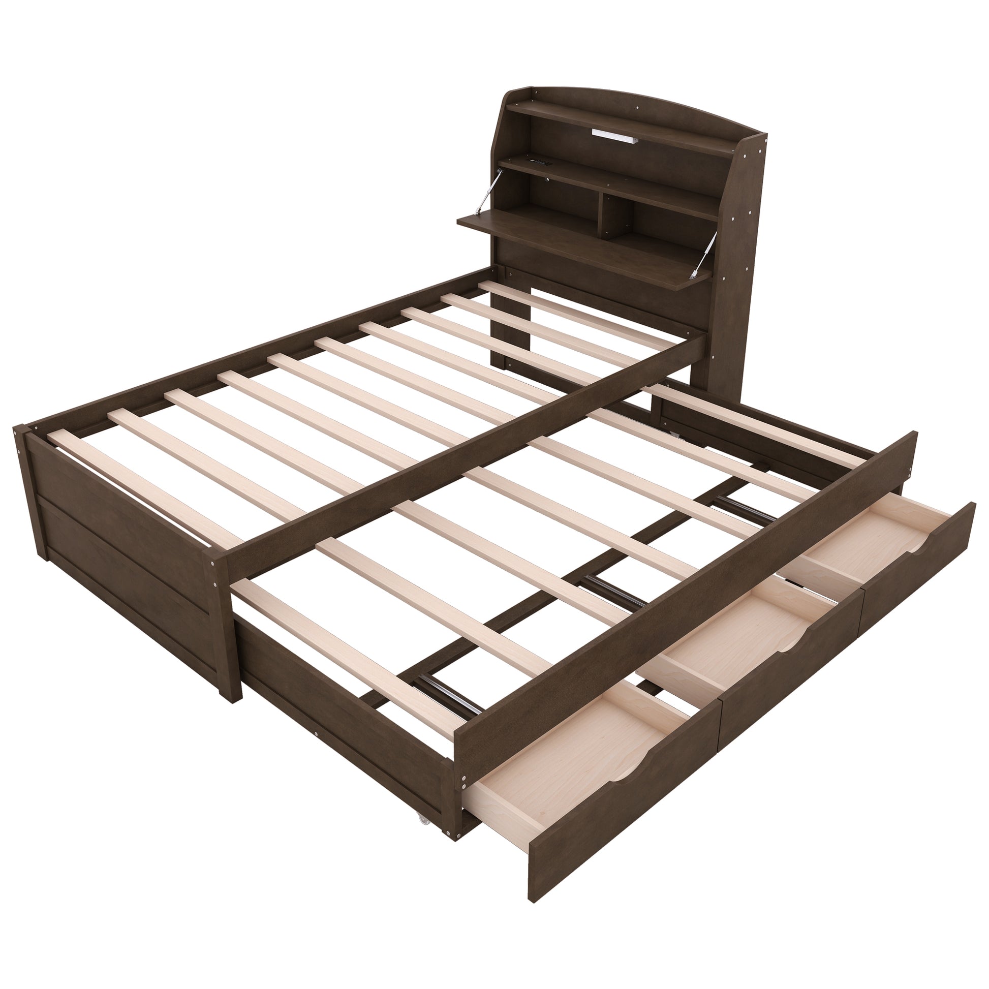 Twin Size Wooden Led Platform Bed With Trundle, With Storage Headboard, With Drawers, Brown Twin Brown Plywood