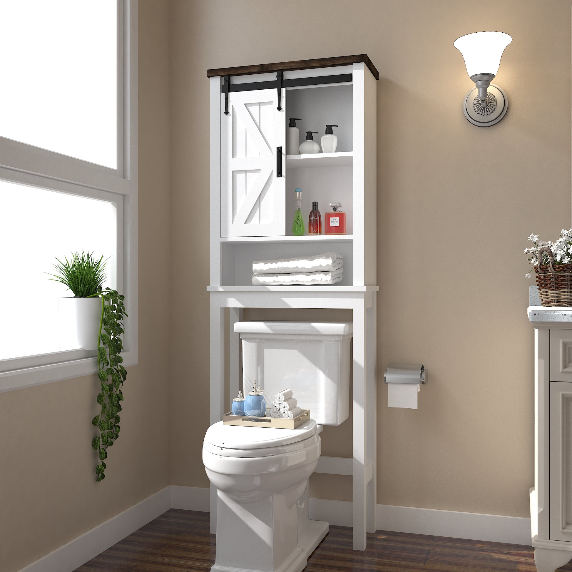 Over The Toilet Storage Cabinet, Farmhouse Above Toilet Storage Cabinet With Adjustable Shelves & Sliding Barn Doors, Organizers Over Toilet For Bathroom, Living Room, White White Vintage 1 Bathroom