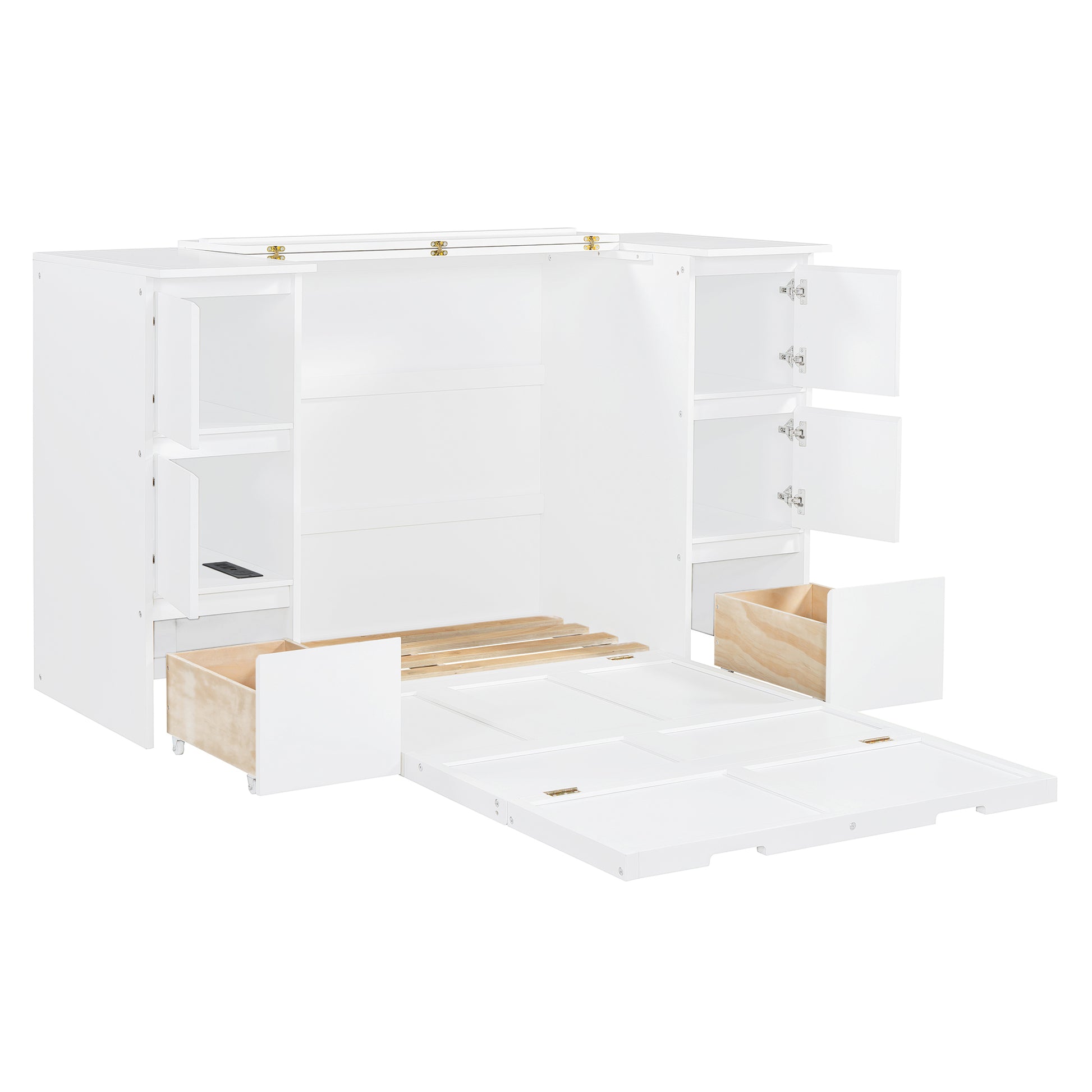 Twin Size Murphy Bed With Drawers, Cabinets And Usb Ports,White Twin White Mdf Lvl