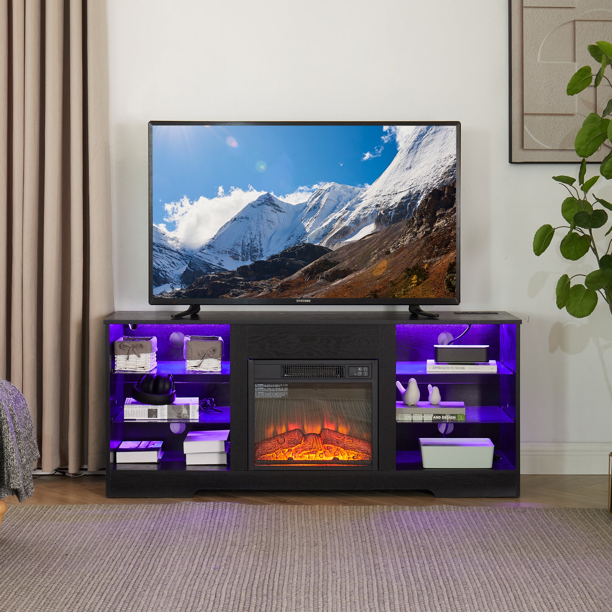 Tv Stand Electric Fireplace Glass Shelves, 3D Fireplace Tv Stand With Led Lights Wood With Usb Charging Outlet Modern Television Table Center For Tv Up To 62" Black 58''W*15.5''D*24.4 Black 50 59