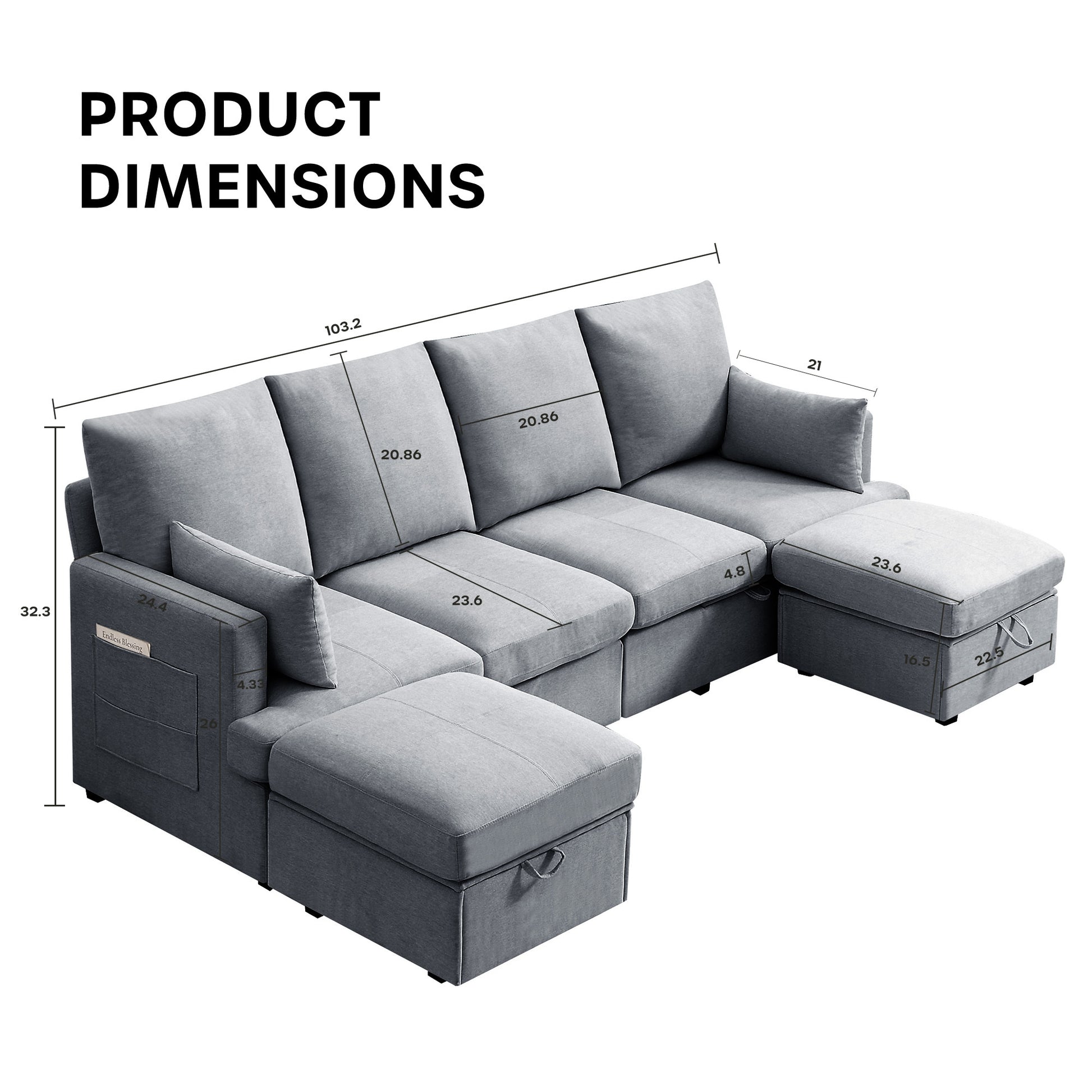 Modern Modular Sofa, 4 Seat Chenile Sectional Couch Set With 2 Pilows Lncluded, Freely Combinableindoor Funiture For Living Room,Apartment, Office, 3 Colors Light Gray Chenille Metal Primary Living Space Medium Soft Loose Back Modern Poplar Foam Plywood