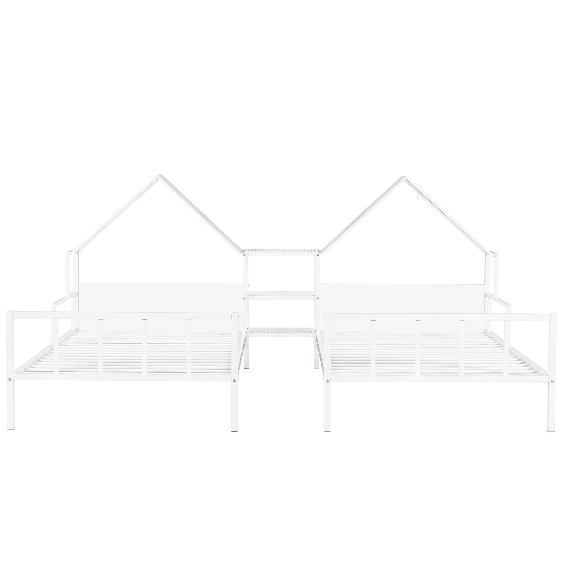 Metal Double Twin Size Platform Bed With House Shaped Headboard And A Built In Nightstand, White Box Spring Not Required Twin White Metal Metal