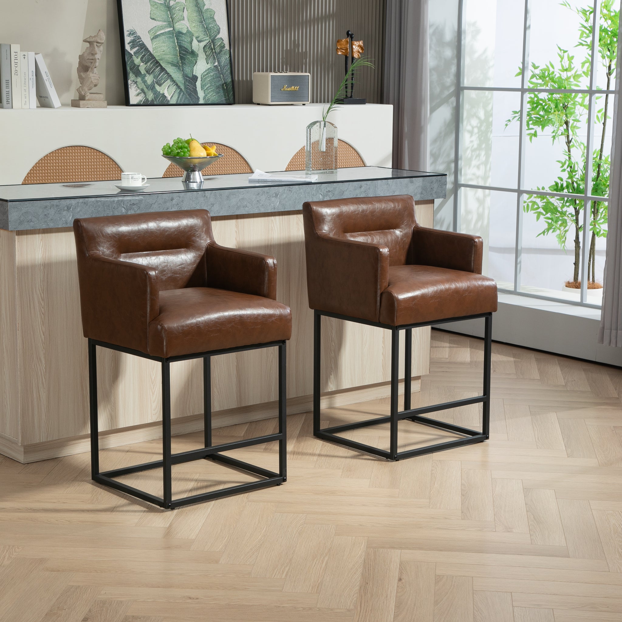Coolmore Counter Height Bar Stools Set Of 2, Modern Square Bar Stool With Back, Black Metal Frames, Upholstered Bar Stools For Kitchen Island, Pub, Club Brown Pu Brown Pu Primary Living Space Foam Pu