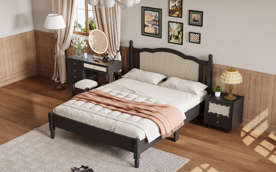 3 Pieces Bedroom Set With Full Size Wooden Bed Frame, 1 Vintage Nightstand And 1 Makeup Vanity Set With Stool,Black Full Black 3 Piece Set Wood