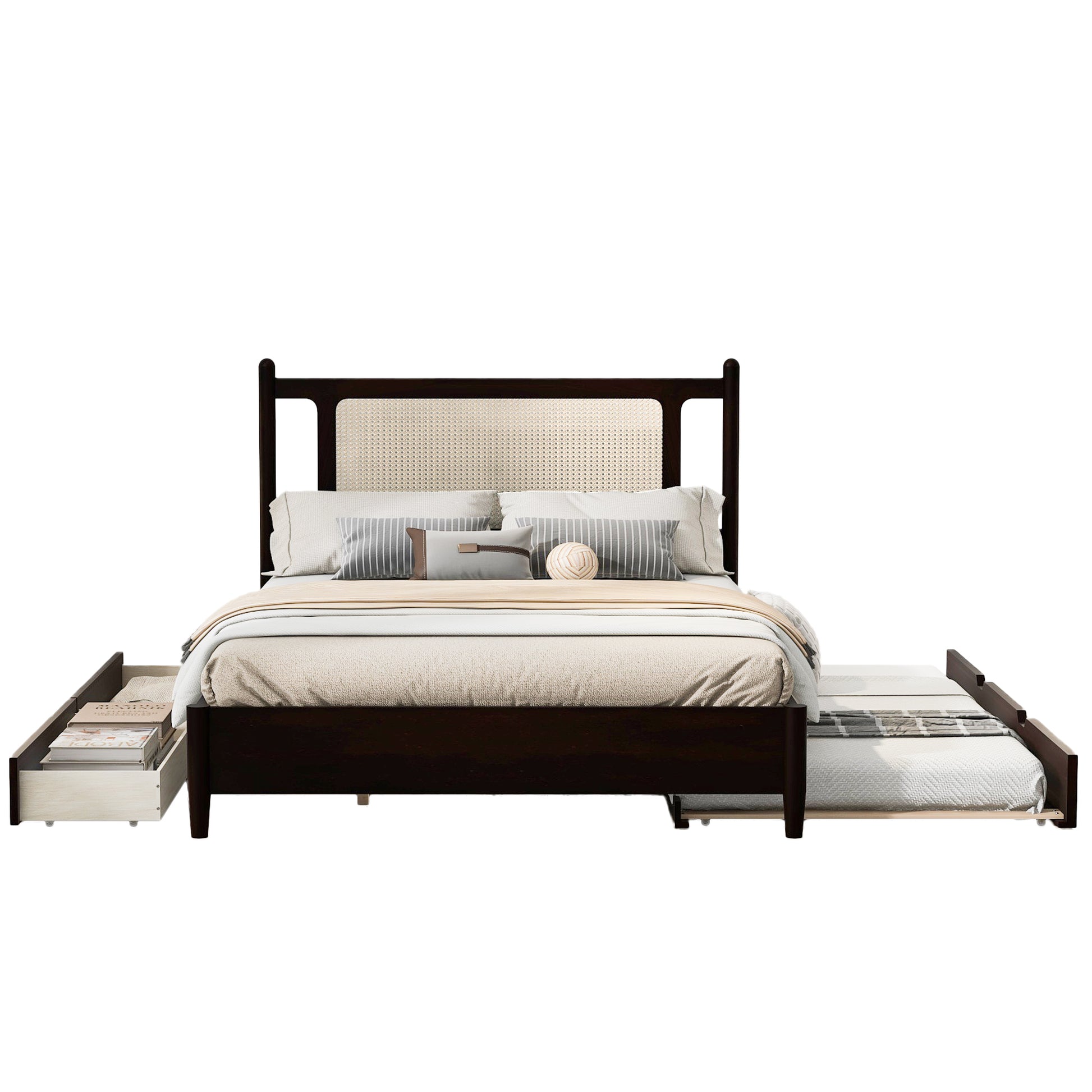 Queen Size Wooden Rattan Platform Bed, With 2 Big Drawers, T Size Trundle, Espresso Queen Espresso Plywood