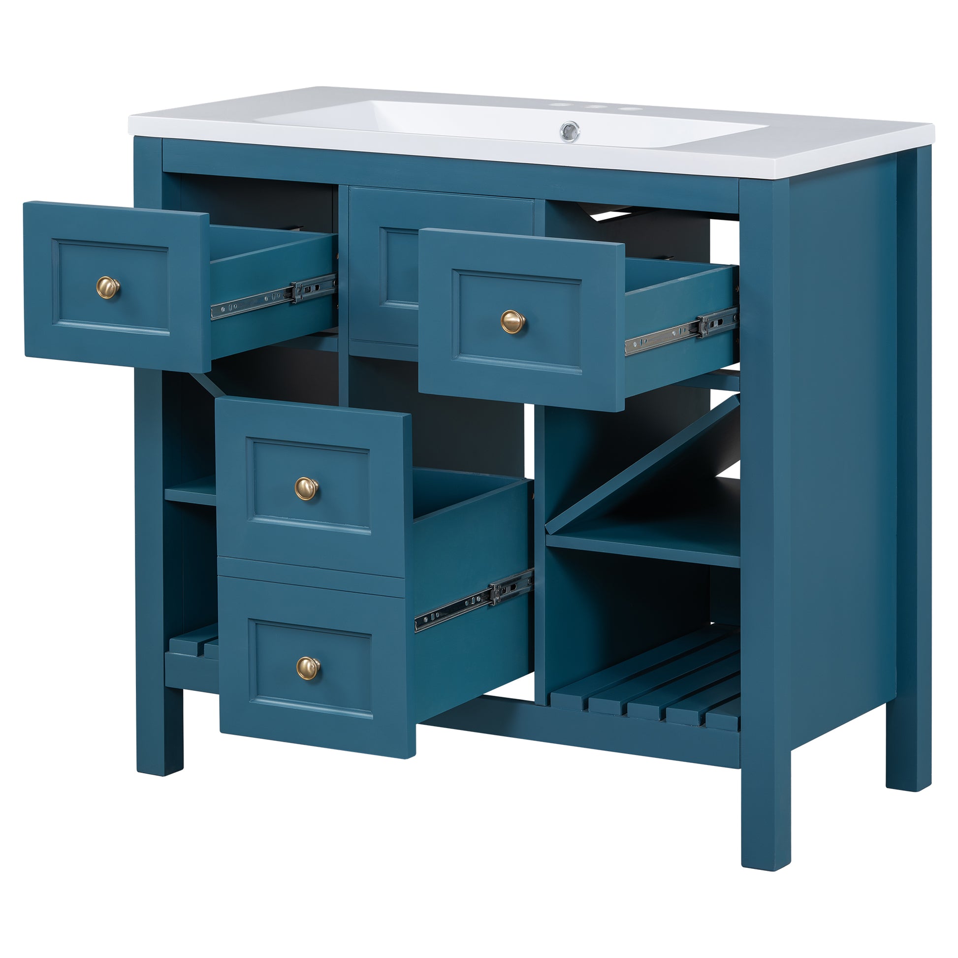 36'' Bathroom Vanity With Resin Sink Combo, Solid Wood Frame Bathroom Storage Cabinet, Freestanding Vanity Set With 5 Drawers& Soft Closing Doors Same As N710S136001C Blue Bathroom Solid Wood Mdf Resin