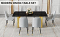 Table And Chair Set.The Table Has A Glass Top With Imitation Marble Pattern Stickers And Stainless Steel Golden Legs. Paried With Chairs With Pu Artificial Leather Backrest Cushions And Black Legs. Black Gold Seats 6 Glass Metal