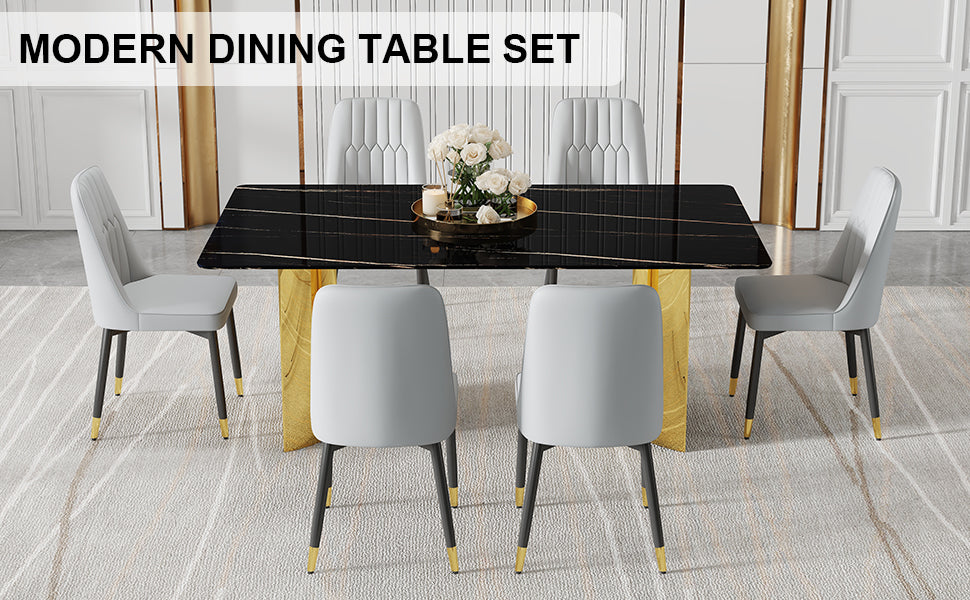 Table And Chair Set.The Table Has A Glass Top With Imitation Marble Pattern Stickers And Stainless Steel Golden Legs. Paried With Chairs With Pu Artificial Leather Backrest Cushions And Black Legs. Black Gold Seats 6 Glass Metal
