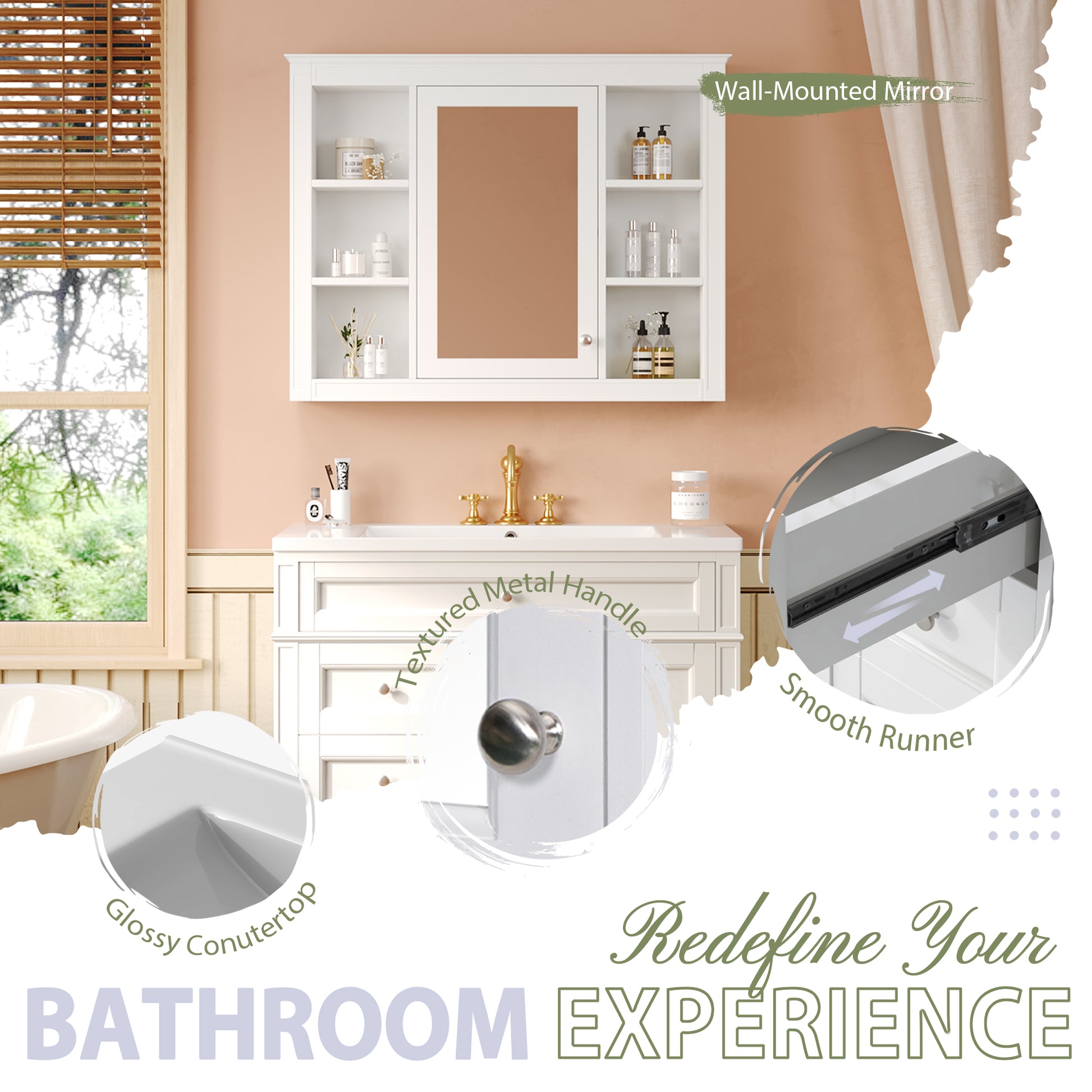 36'' Bathroom Vanity With Medicine Cabinet, Modern Bathroom Storage Cabinet With 2 Soft Closing Doors And 4 Drawers, Single Sink Bathroom Vanity White Bathroom Ceramic,Solid Wood Mdf