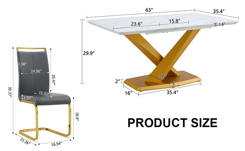 Table And Chair Set, The Table Is Equipped With A Marble Patterned Mdf Tabletop And Gold Table Legs.The Chair Is Equipped With Pu Synthetic Leather High Back Cushion And Gold Coated Metal Legs. Grey Gold Seats 6 Mdf Metal