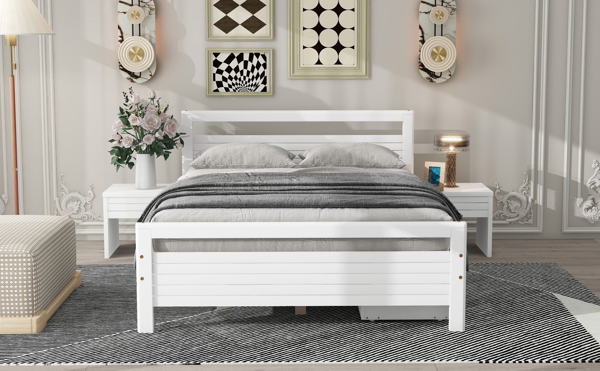 Full Size Wooden Platform Bed With 2 Storage Drawers And 2 Bedside Tables, White Full White Pine