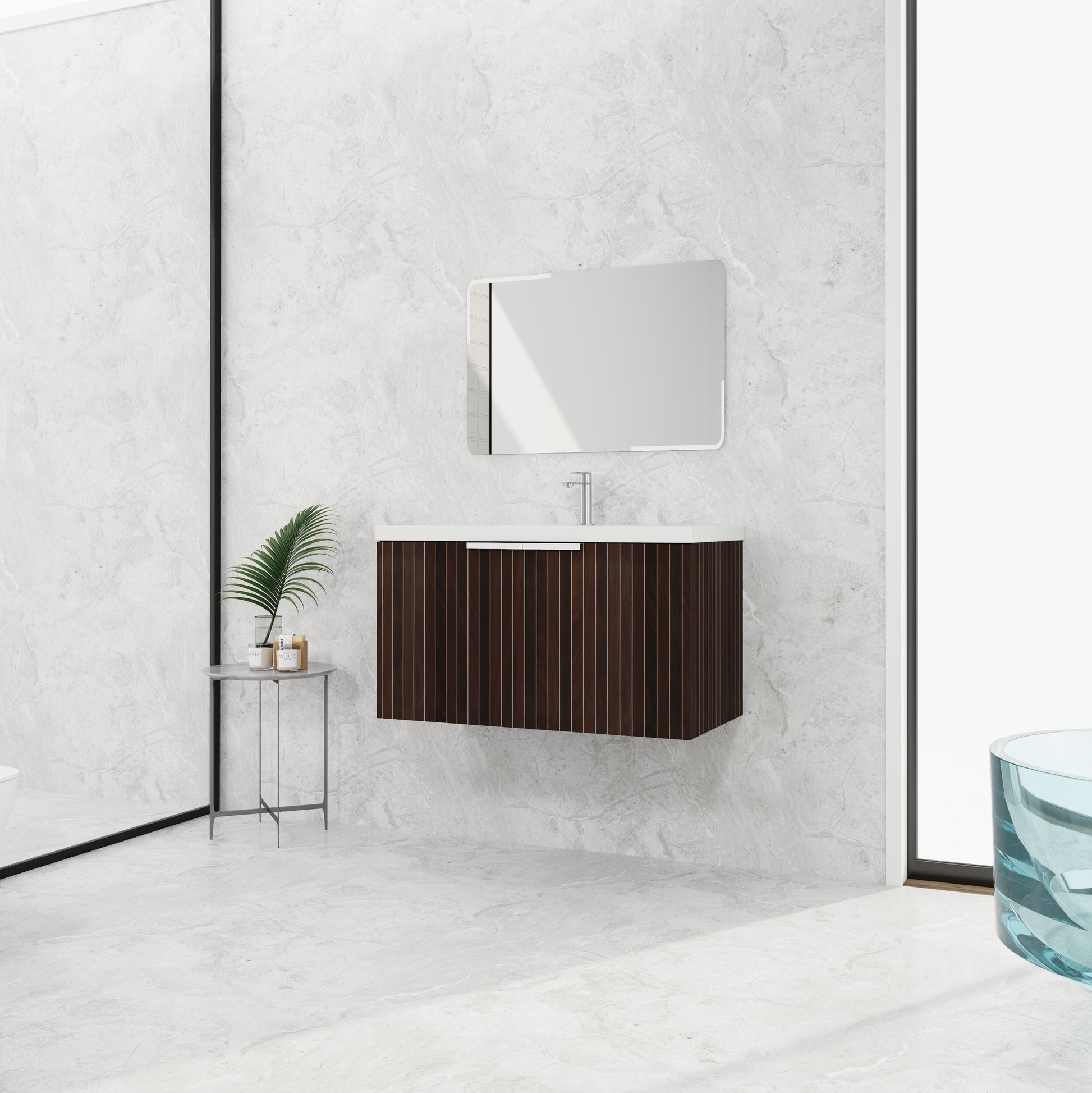 36 Inch Bathroom Cabinet With Resin Sink,Soft Close Doors,Float Mounting Design Silver Brown Stripe Bathroom Modern Plywood Plywood