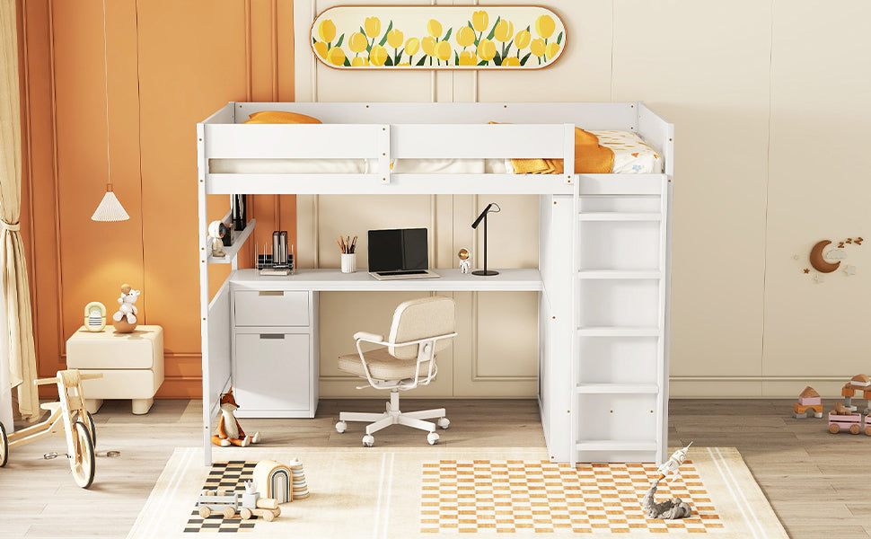 Full Size Wooden Loft Bed With Wardrobe, Desk, Drawers, Shelves, White Full White Plywood