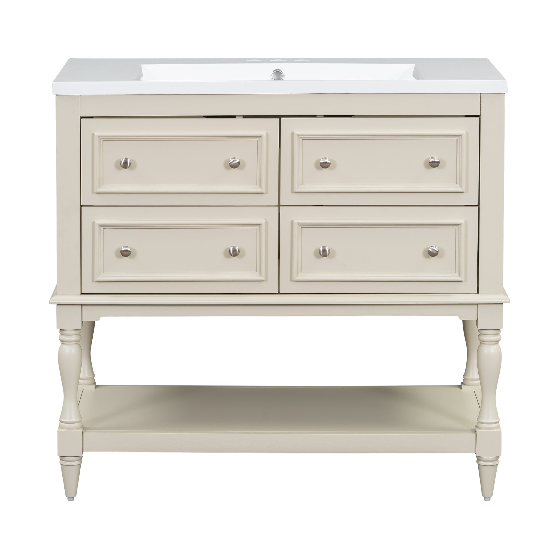 36'' Bathroom Vanity With Medicine Cabinet, Modern Mirror Cabinet With Adjustable Shelf, Bathroom Storage Cabinet With 4 Drawers, Solid Wood Frame Bathroom Storage Cabinet 4 Beige 1 5 Adjustable Hinges Bathroom Freestanding Solid Wood Mdf Resin Painted