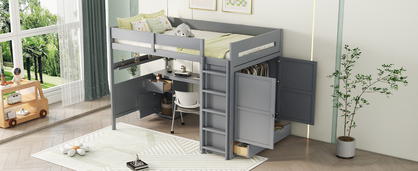 Full Size Wooden Loft Bed With Wardrobe, Desk, Drawers, Shelves, Gray Full Gray Plywood