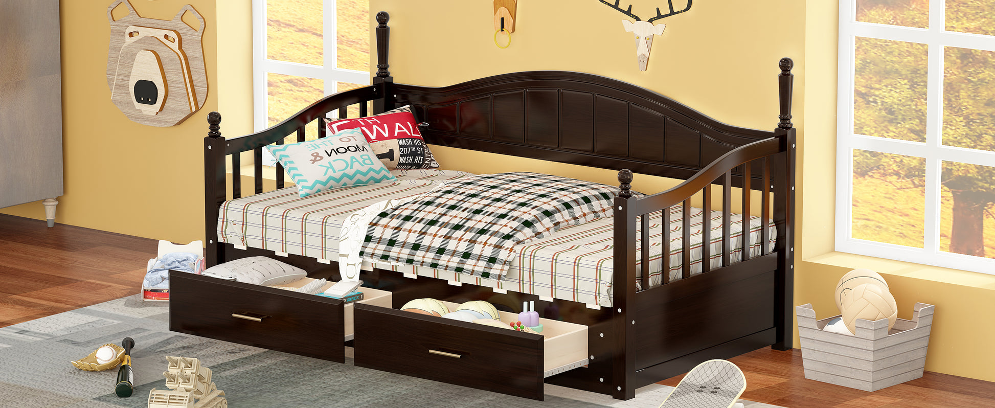 Wooden Twin Size Daybed With Twin Size Trundle, Extendable Daybed With Two Storage Drawers, Espresso Expected Arrival Time:9.12 Twin Espresso Wood