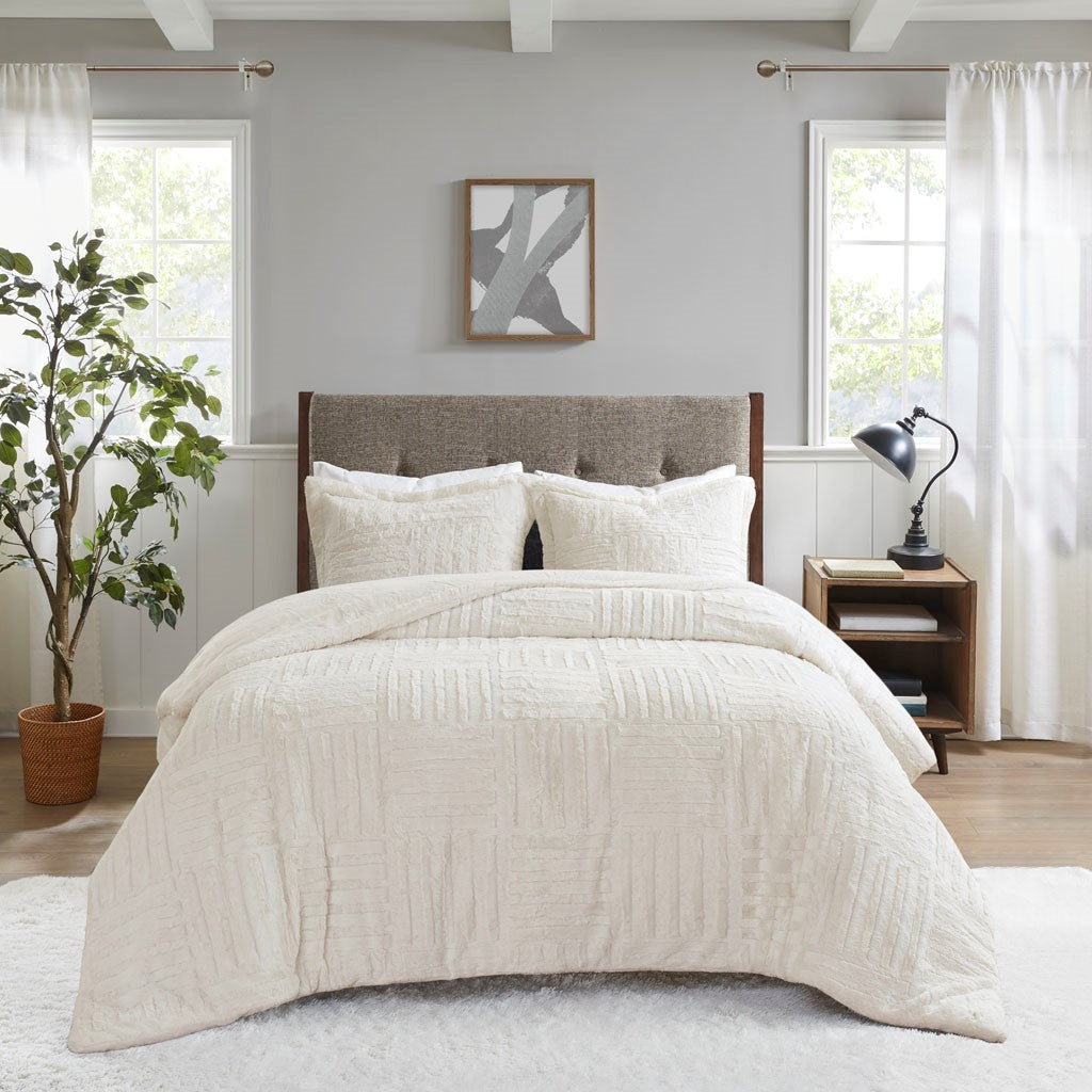 Fur Down Alternative Comforter Mini Set Queen Ivory Faux Fur