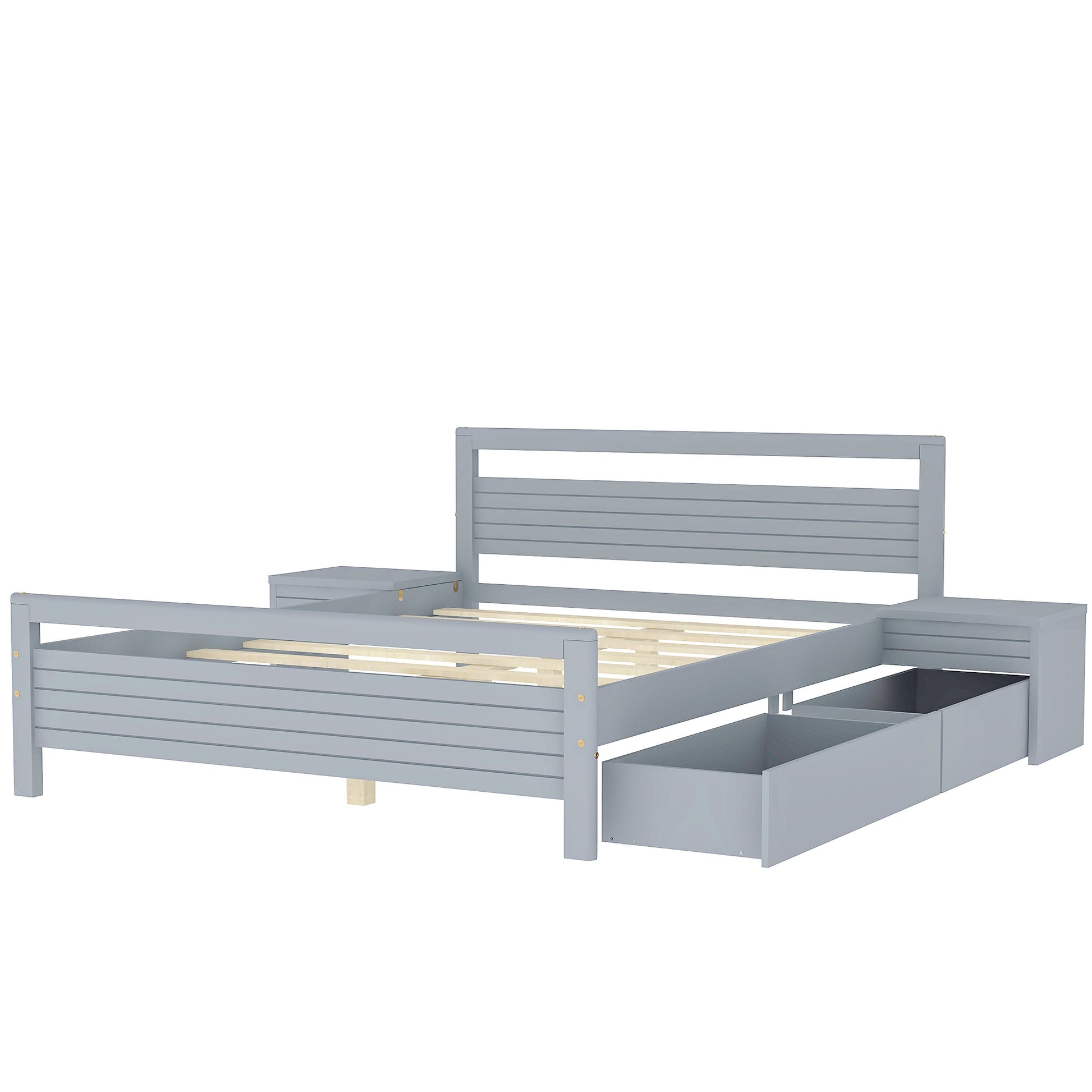 Queen Size Wooden Platform Bed With 2 Storage Drawers And 2 Bedside Tables, Gray Queen Gray Pine