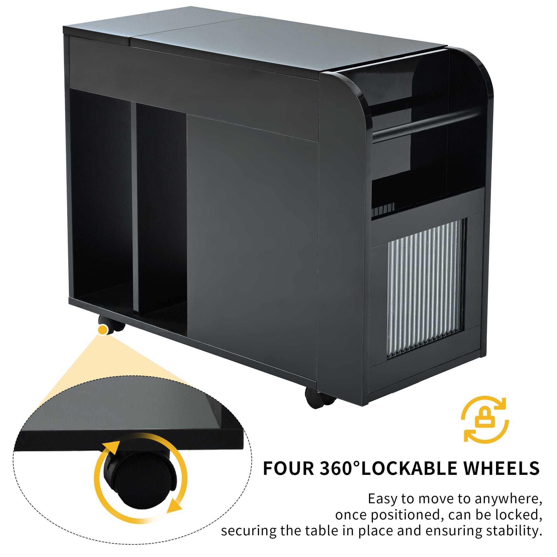 Multifunctional Extendable End Table With Wheels, Side Table With Tempered Glass Door, 2 Storage Shelves, 2 Drawers For Living Room, Black Black Mdf