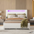 Full Size Upholstered Platform Bed With Led Frame, With Twin Size Trundle And 2 Drawers, Teddy Fleece, White White Fleece