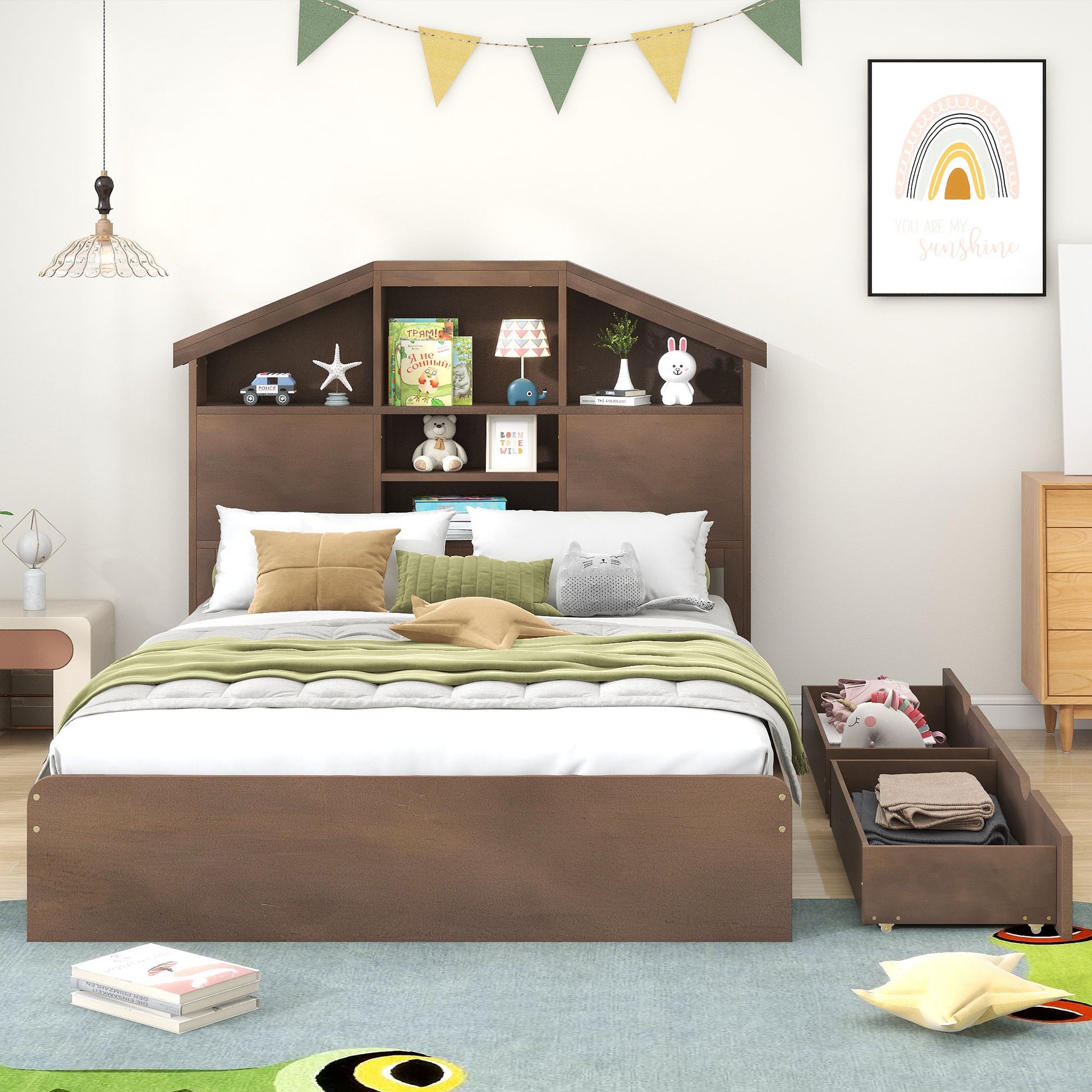 Full Size Wood Platform Bed With House Shaped Storage Headboard And 2 Drawers, Walnut Box Spring Not Required Full Walnut Wood Bedroom Solid Wood Mdf