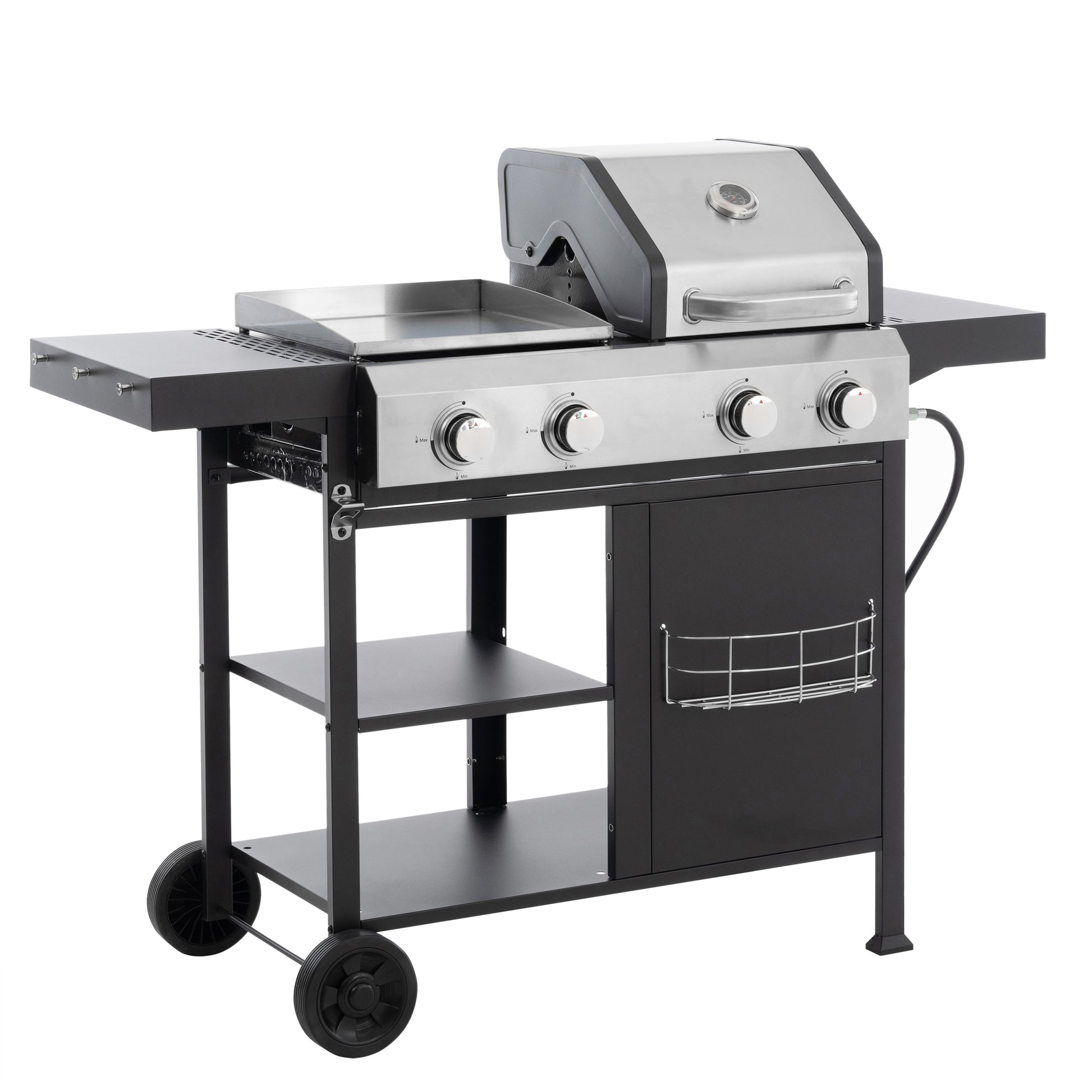 2 2 Multi Function Burner Gas Grill And Griddle Combo With Cover For Outdoor Cooking While Camping Or Tailgating Bbq,Frying,Pizza. Black And Silver Stainless Steel