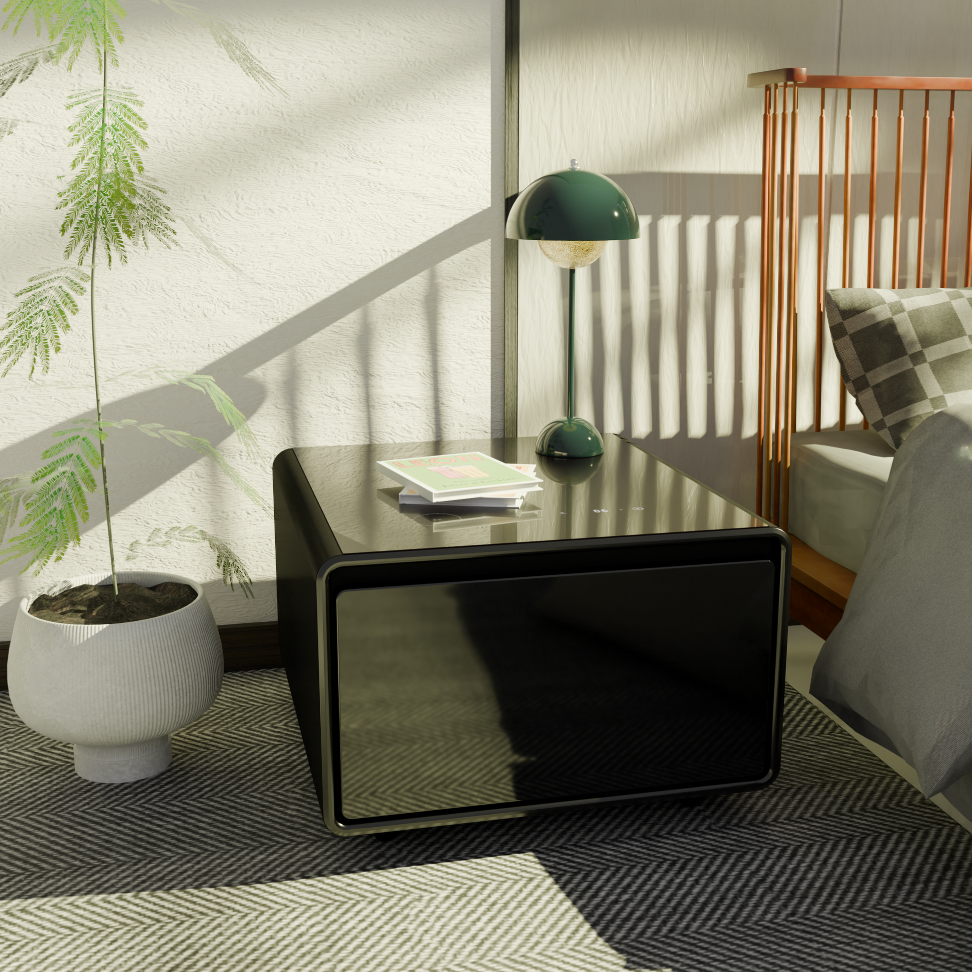 Modern Smart Side Table With Built In Fridge, Wireless Charging, Temperature Control, Power Socket, Usb Ports, Outlet Protection, Induction Light, Black Black Built In Outlets Or Usb Standing Desk Converter Primary Living Space Luxury,Modern Freestanding