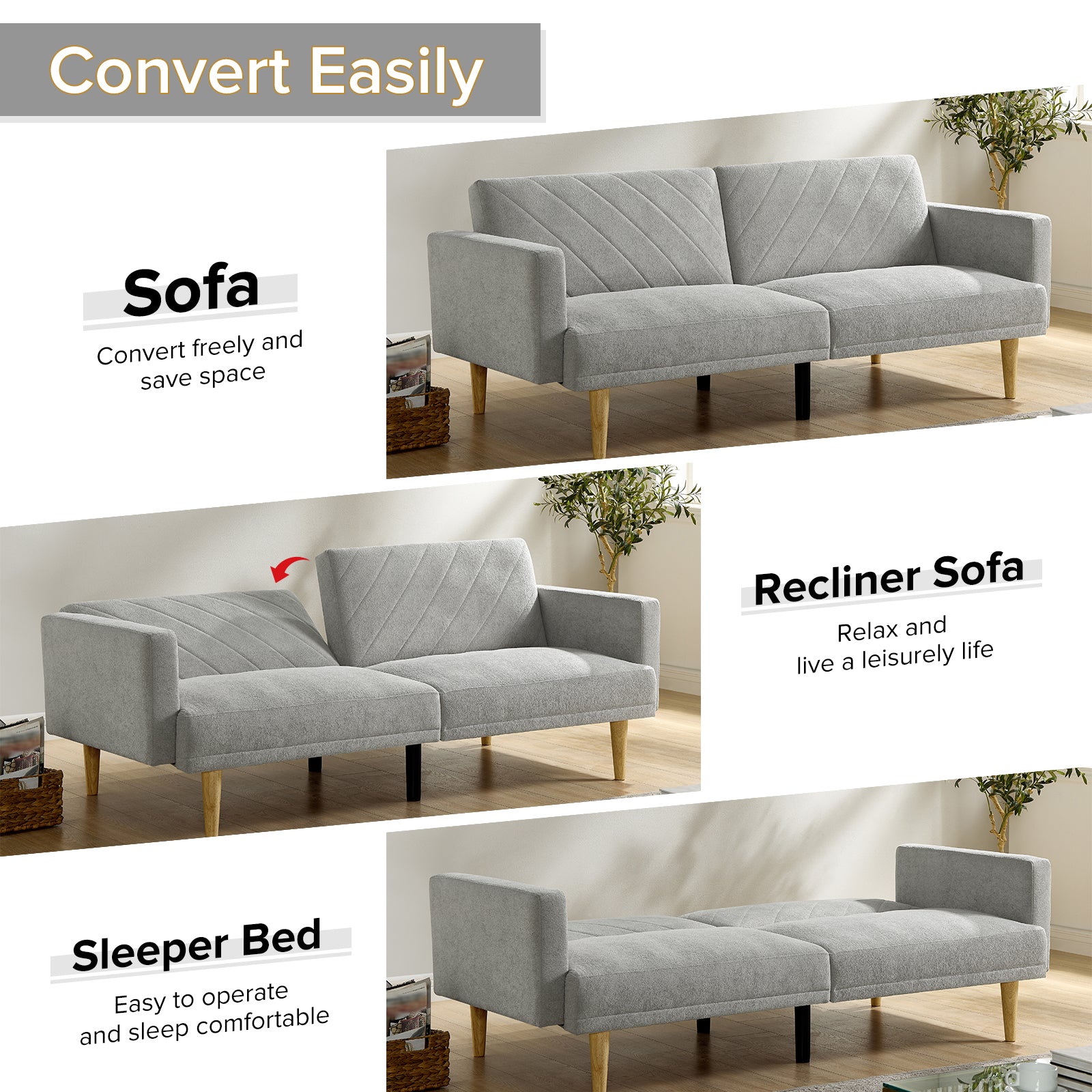 Multi Functional Futon Sofa Bed :Tapered Wood Legs Ideal For Small Living Rooms Multi Color Fabric Options Easily Converts To Single Bed,Grey Grey Velvet Wood Primary Living Space Medium Soft Mid Century Modern Square Arms Memory Foam Snowflake Velvet
