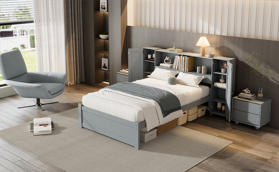 Twin Size Platform Bed With Storage Headboard And Lockers, Gray Twin Box Spring Not Required Gray Wood Bedroom Solid Wood Mdf