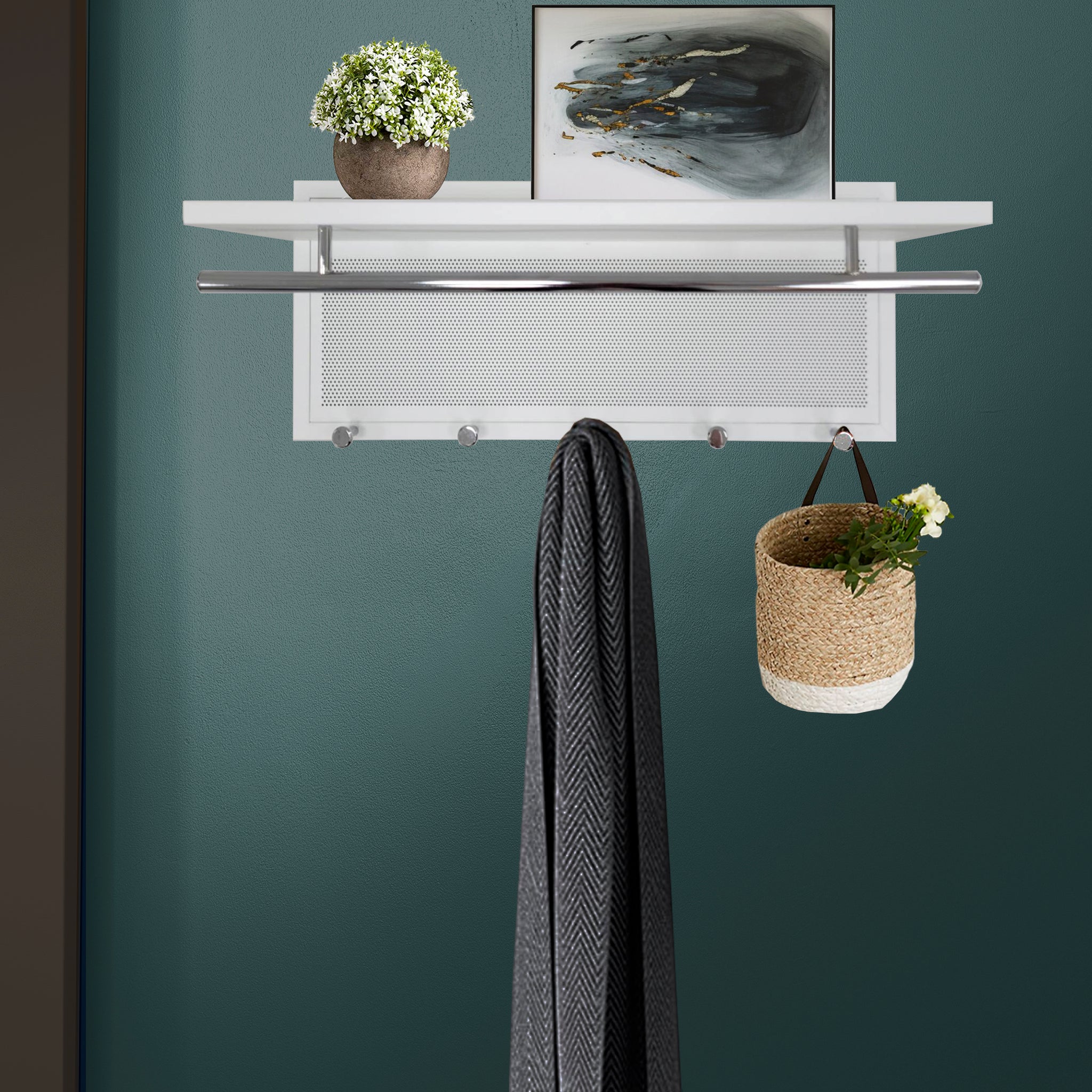 Esyspot Metal Powder Coating Hook Wall Mounted With Shelf In White White Bedroom Contemporary Chrome Metal