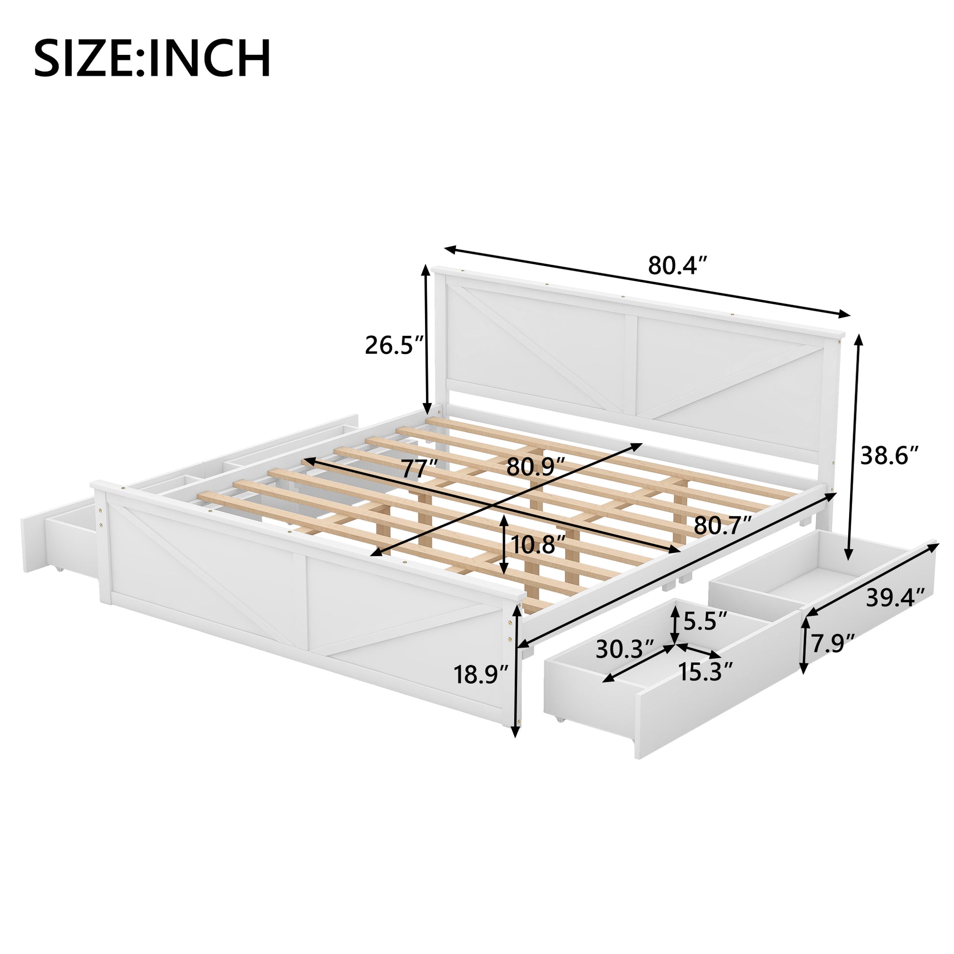 King Size Wooden Platform Bed With Four Storage Drawers And Support Legs, White King White Pine