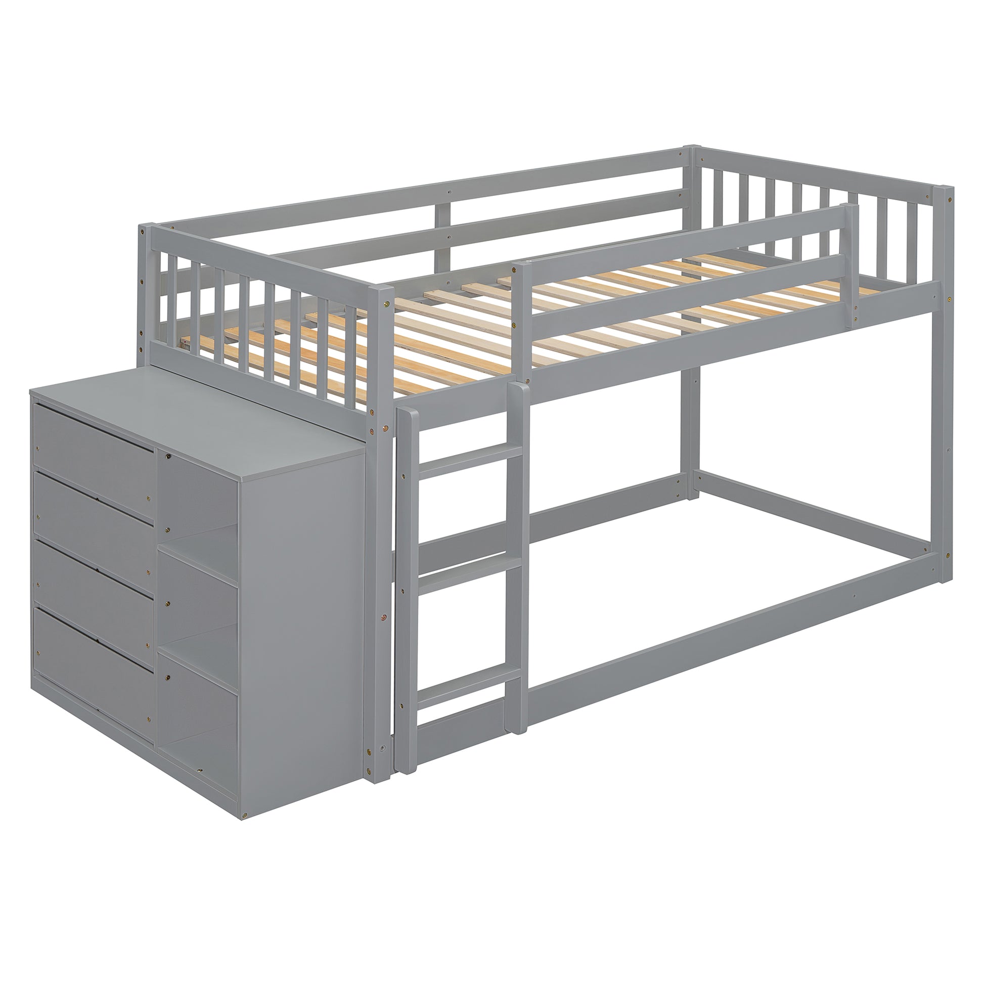 Twin Over Twin Bunk Bed With 4 Drawers And 3 Shelves Gray Twin Gray Solid Wood