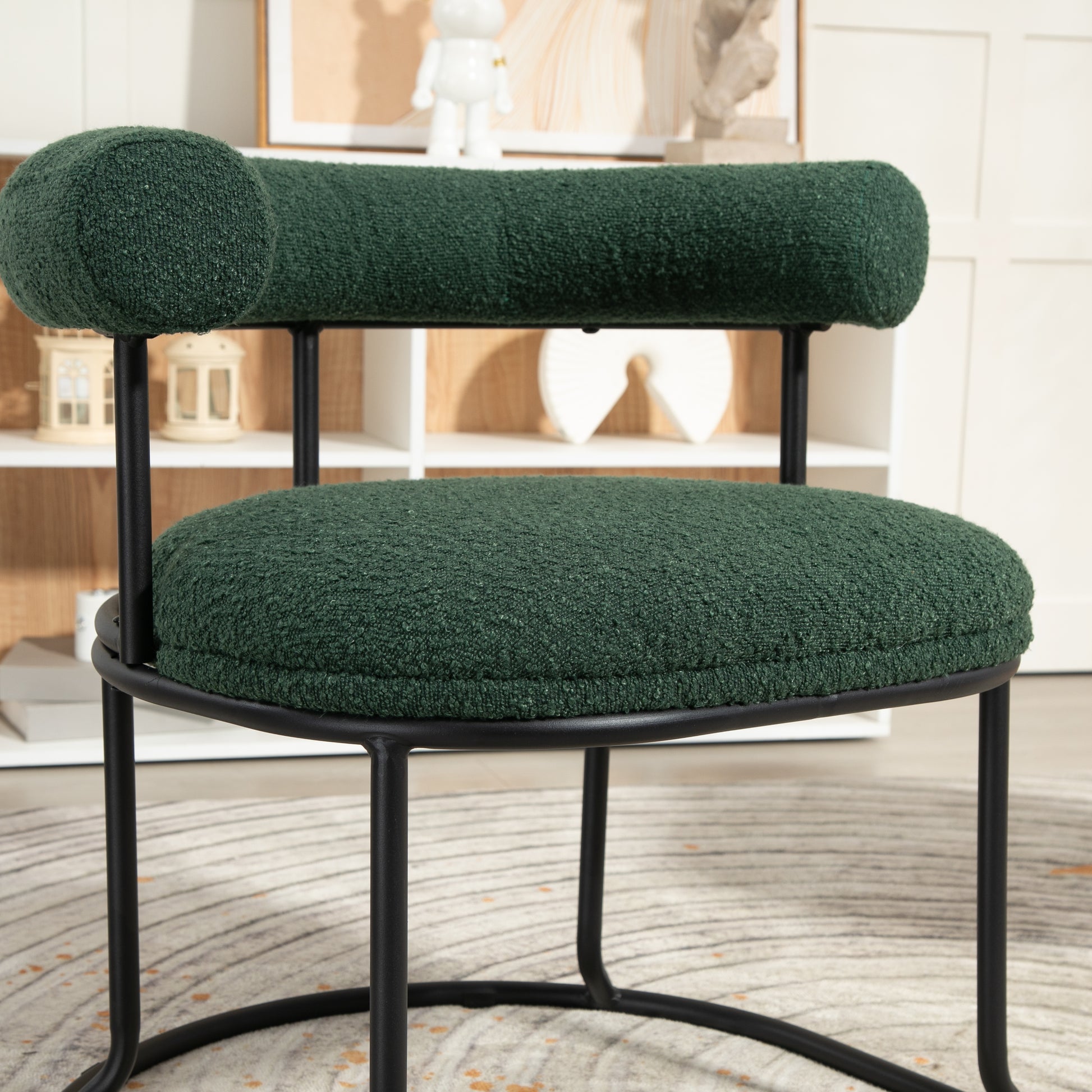 Coolmore Boucle Dining Chairs Set Of 2, Mid Century Modern Curved Backrest Chair, Round Upholstered Kitchen Chairs Emerald Boucle Emerald Foam Mdf Metal