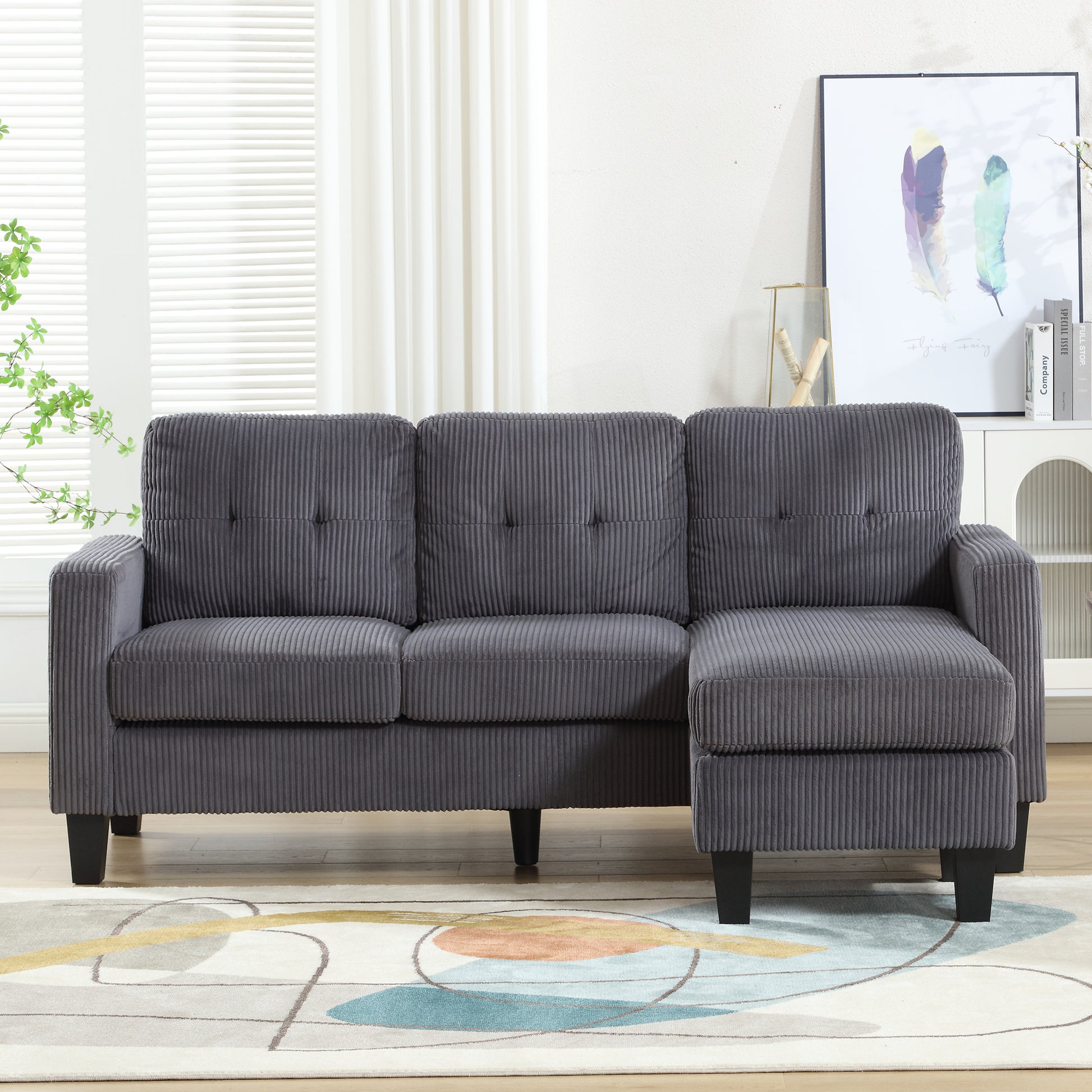 Velvet Sectional Couchl Shaped Sofa With Ottoman For Small Apartment Dark Gray Velvet 3 Seat