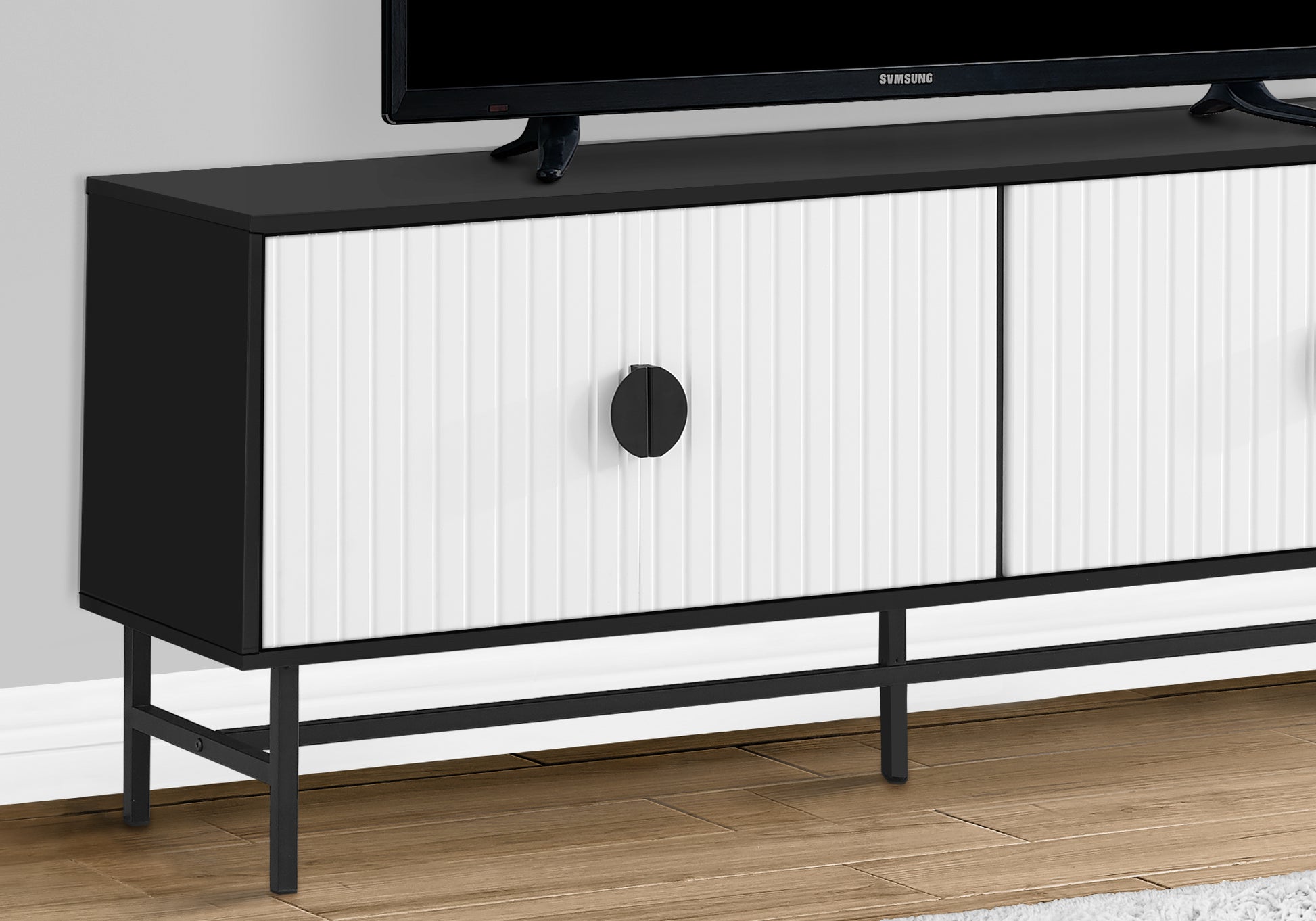 Tv Stand, 60 Inch, Console, Media Entertainment Center, Storage Cabinet, Living Room, Bedroom, Black And White Laminate, Black Metal, Contemporary, Modern Black 80 89 Inches Particle Board