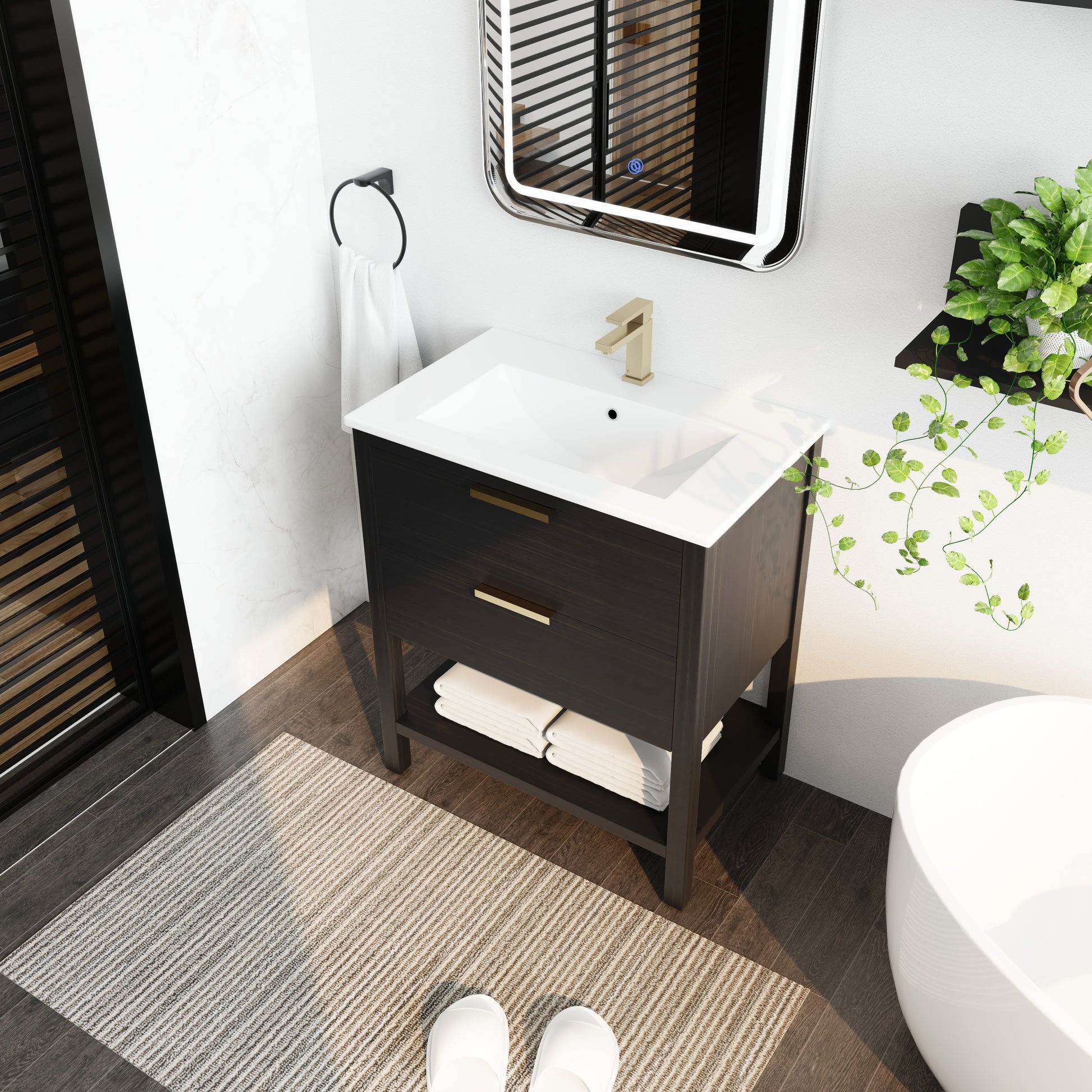 30 Inch Bathroom Vanity With Sink And 2 Soft Close Drawers, Golden Handle Bvb01030Bctg Bl9075B Black Chestnut Bathroom Modern Plywood