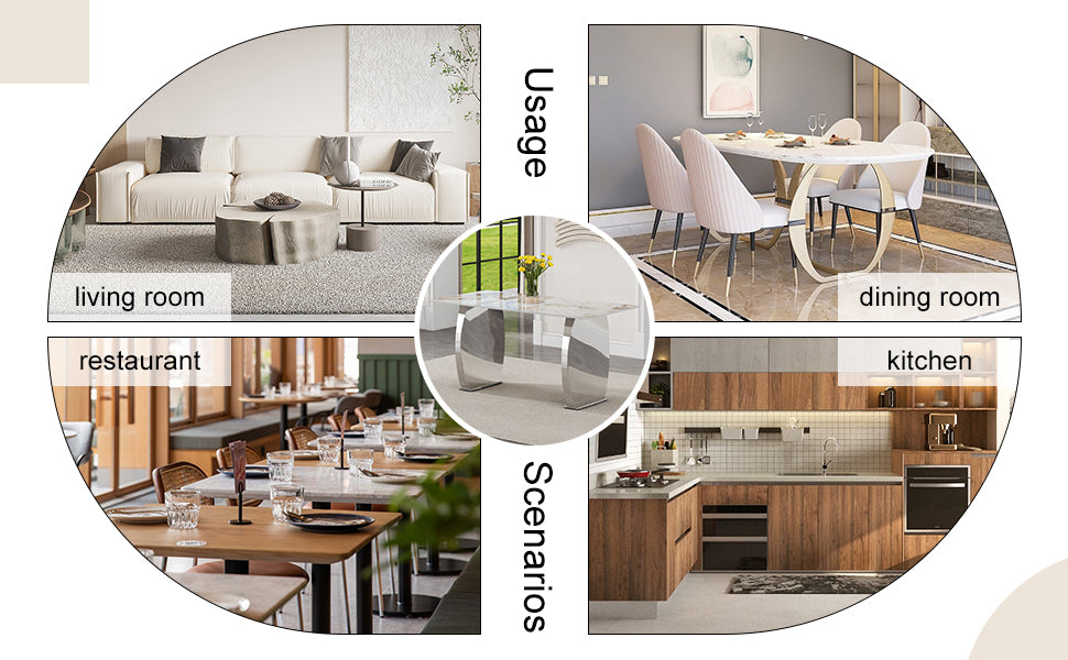 Modern Rectangular Dining Table, Imitation Marbled Rock Plate Table Top, Stainless Steel Table Legs, Suitable For Kitchen, Dining Room, Living Room 63 Inches * 31.4 Inches. Silver Sintered Stone