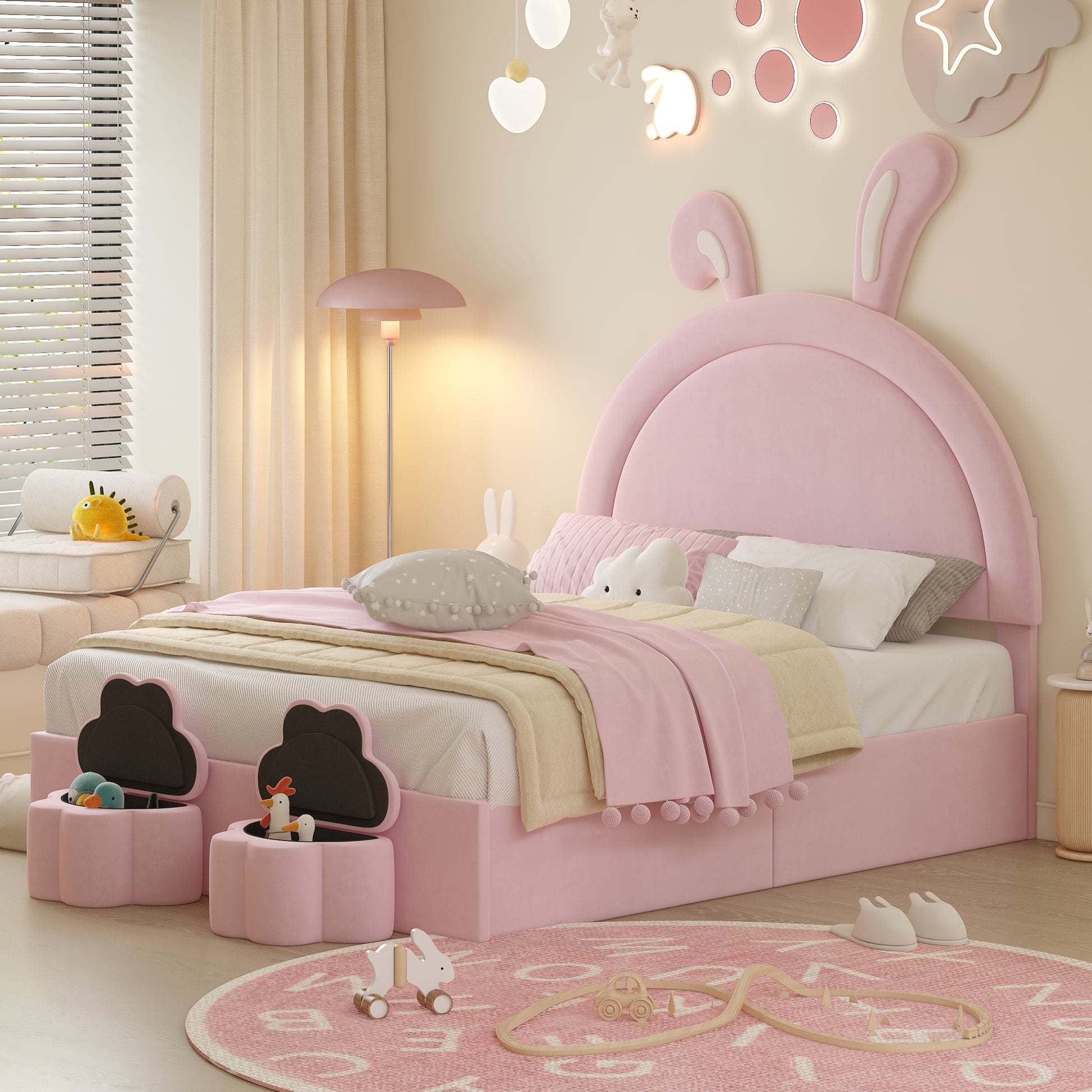 Full Size Upholstered Rabbit Shape Bed With 2 Storage Stools, Velvet Platform Bed With Cartoon Ears Shaped Headboard, Pink Full Pink Wood