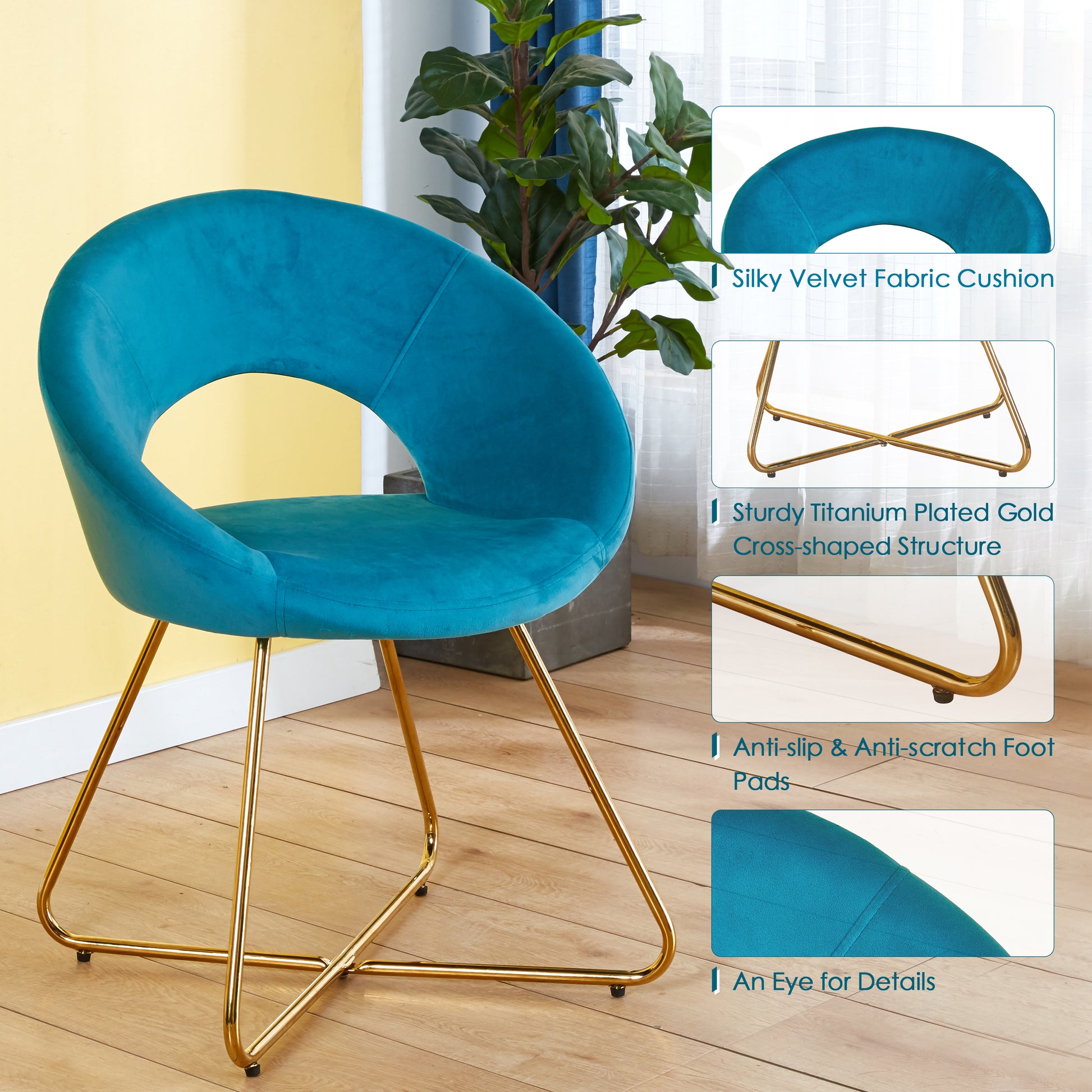 Modern Accent Velvet Chairs Set Of 2 Dining Chairs Single Sofa Comfy Upholstered Arm Chair Living Room Furniture Mid Century Leisure Lounge Chairs With Golden Metal Frame Legs Light Blue Velvet