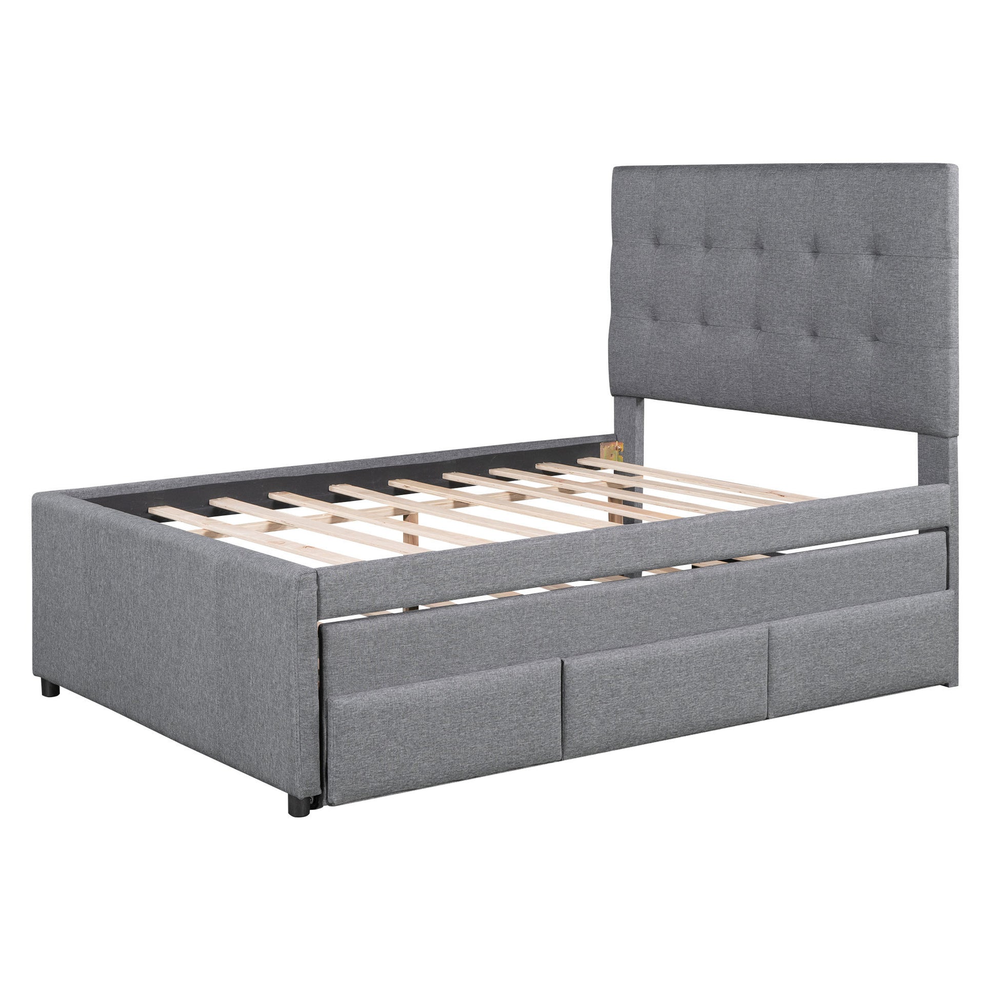 Full Size Upholstered Platform Bed With Pull Out Twin Size Trundle And 3 Drawers, Gray Full Gray Upholstered