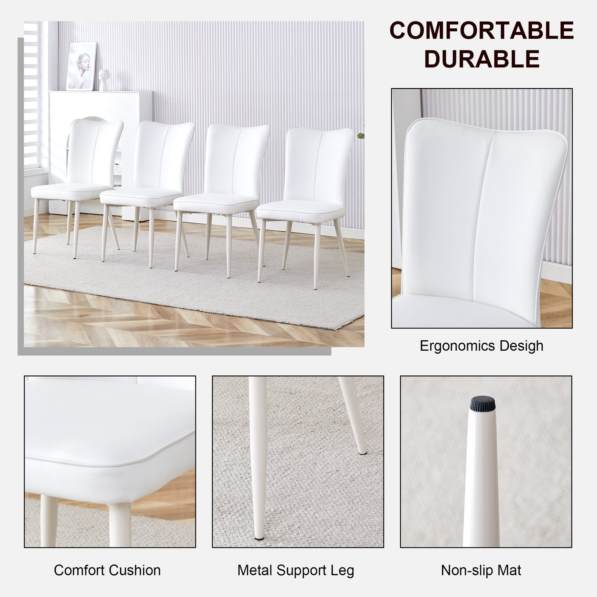 Table And Chair Set, Mdf Desktop, White Metal Table Legs, Stable And Beautiful, Suitable For Most Styles Of Home. Modern Simple Dining Table, Comfortable Seating. White Seats 4 Mdf