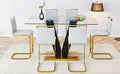 Table And Chair Set,Clear Tempered Glass And Black Legs Of The Table, Pu And Gold Legs Of The Chair Black Grey Seats 6 Tempered Glass