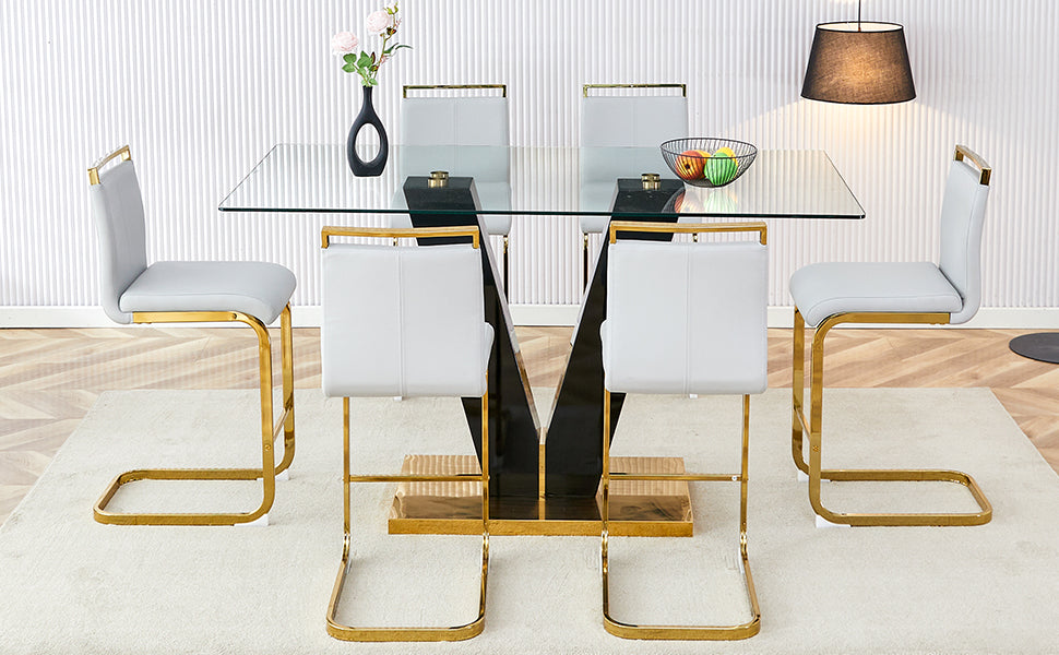 Table And Chair Set,Clear Tempered Glass And Black Legs Of The Table, Pu And Gold Legs Of The Chair Black Grey Seats 6 Tempered Glass